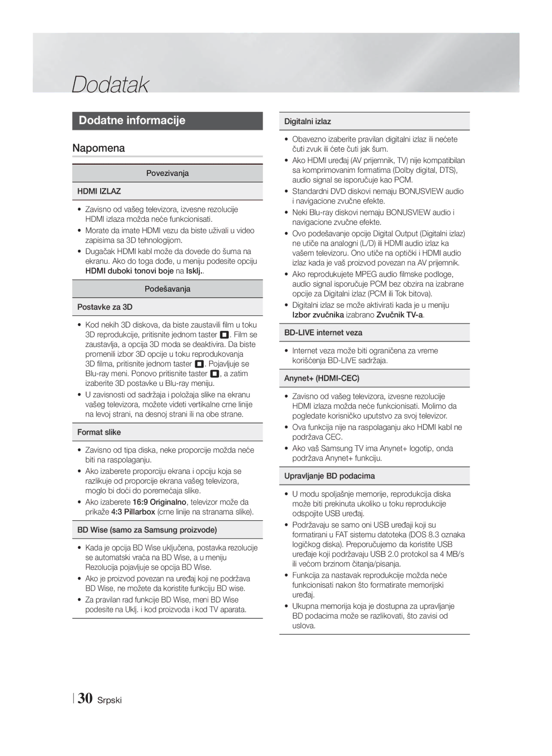 Samsung HT-F4200/EN manual Dodatak, Dodatne informacije, Napomena, Hdmi Izlaz 