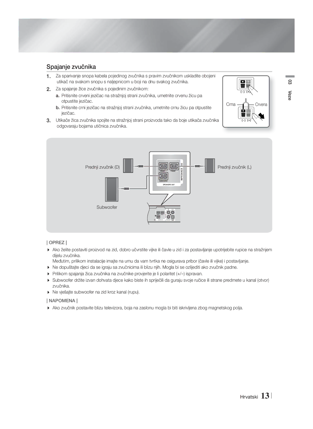 Samsung HT-F4200/EN manual Spajanje zvučnika, Jezičac, Prednji zvučnik L 