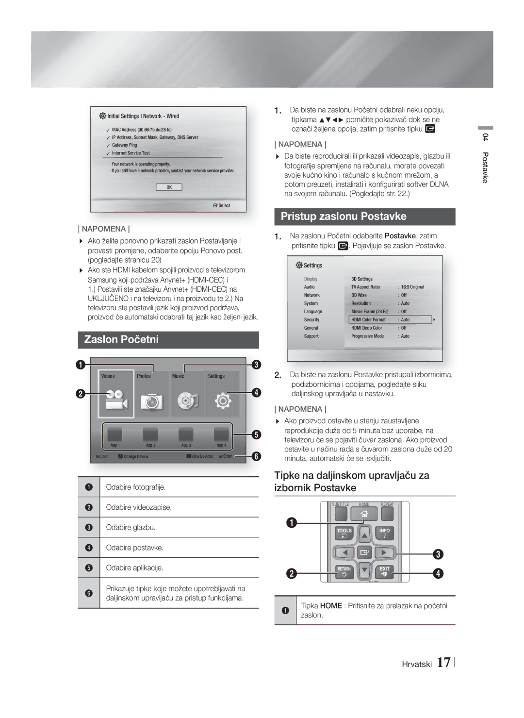 Samsung HT-F4200/EN manual Zaslon Početni, Pristup zaslonu Postavke, Tipke na daljinskom upravljaču za izbornik Postavke 