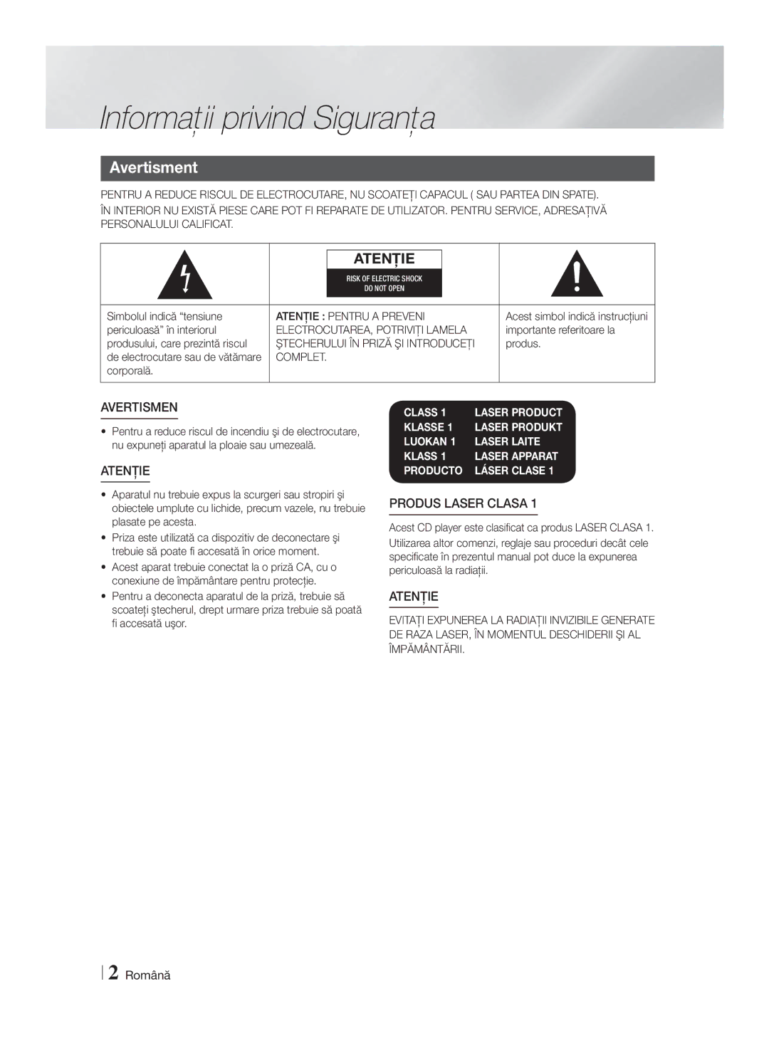 Samsung HT-F4200/EN manual Informaţii privind Siguranţa, Avertisment, Română 