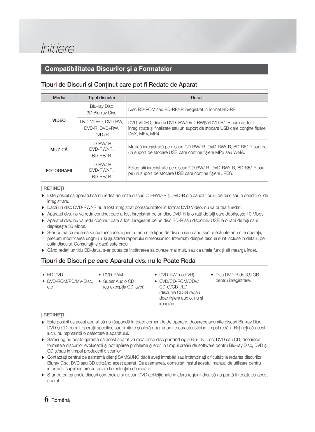 Samsung HT-F4200/EN manual Iniţiere, Compatibilitatea Discurilor şi a Formatelor 