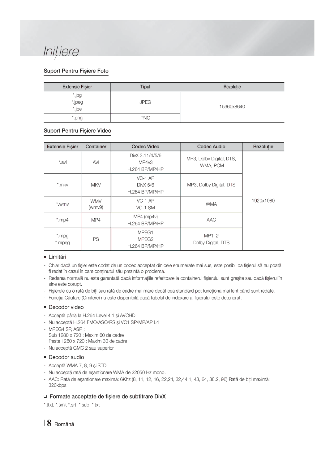 Samsung HT-F4200/EN manual Suport Pentru Fişiere Foto,  Limitări,  Decodor video,  Decodor audio 