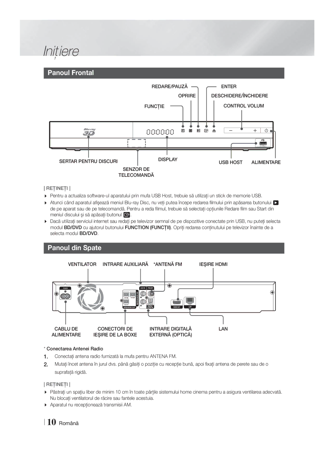 Samsung HT-F4200/EN manual Panoul Frontal, Panoul din Spate, 10 Română 