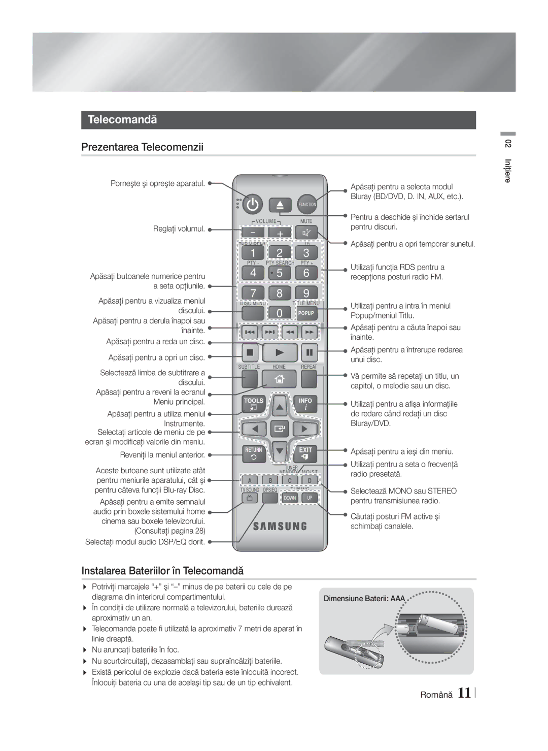 Samsung HT-F4200/EN manual Prezentarea Telecomenzii, Instalarea Bateriilor în Telecomandă 