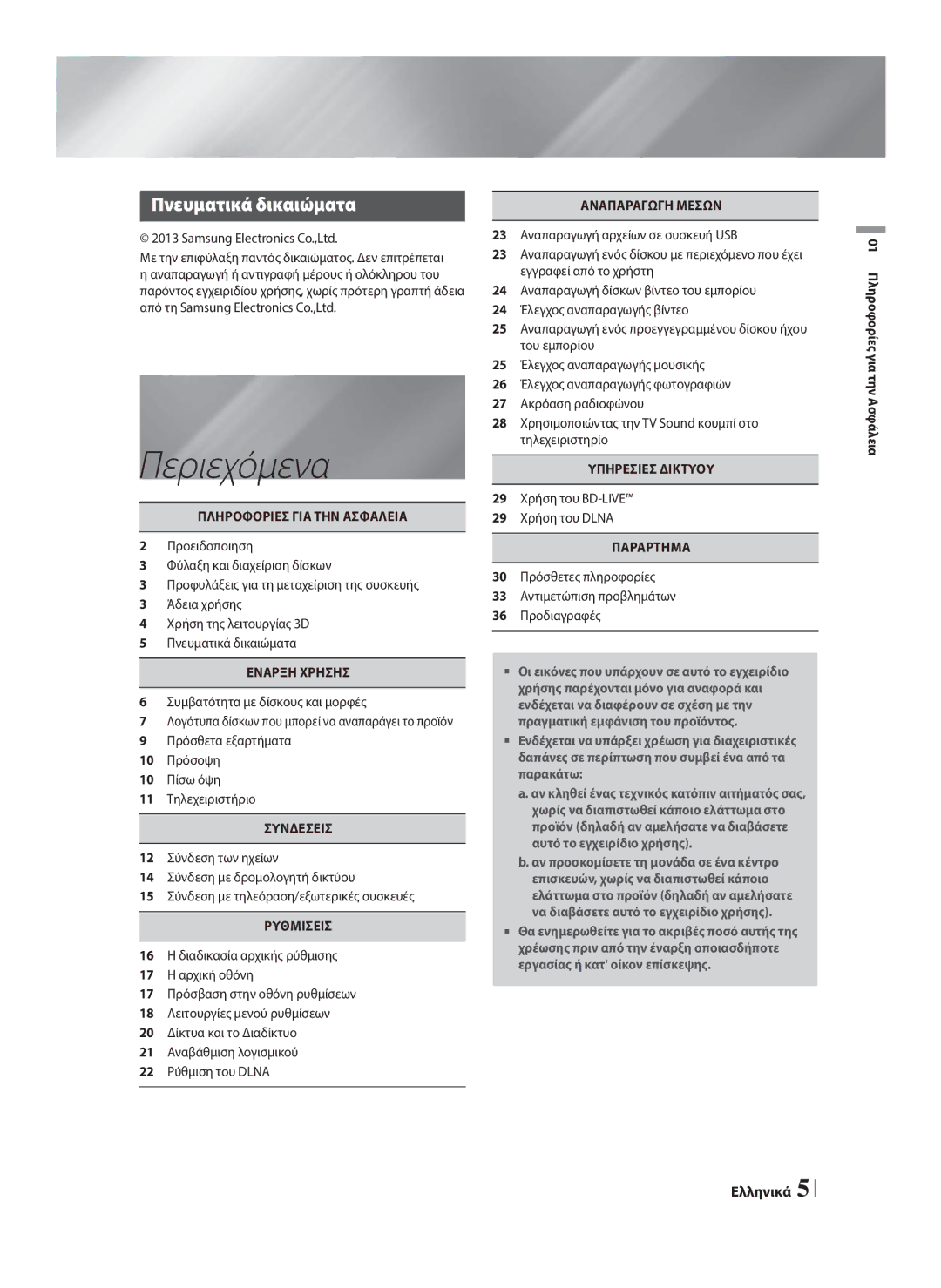 Samsung HT-F4200/EN manual Περιεχόμενα, Πνευματικά δικαιώματα, Με την επιφύλαξη παντός δικαιώματος. Δεν επιτρέπεται 