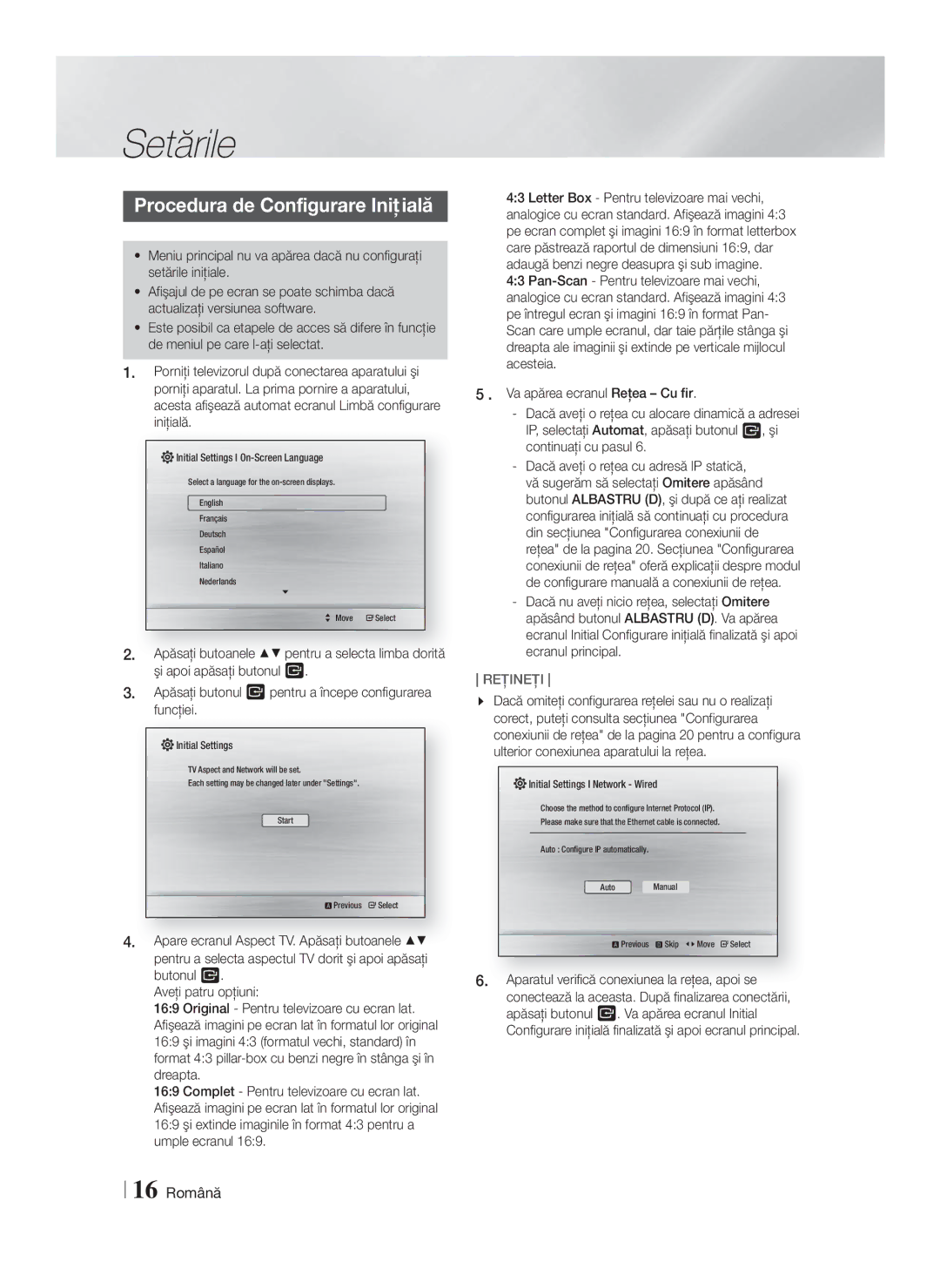 Samsung HT-F4200/EN manual Setările, Procedura de Configurare Iniţială, 16 Română 