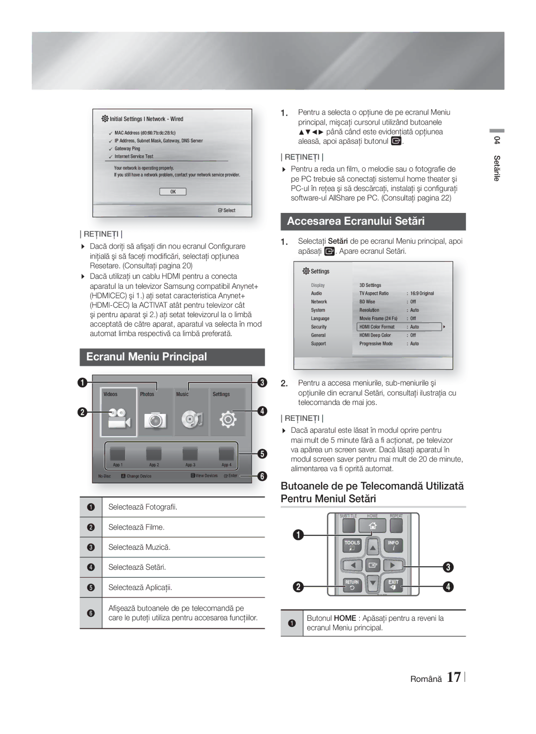 Samsung HT-F4200/EN manual Ecranul Meniu Principal, Accesarea Ecranului Setări 