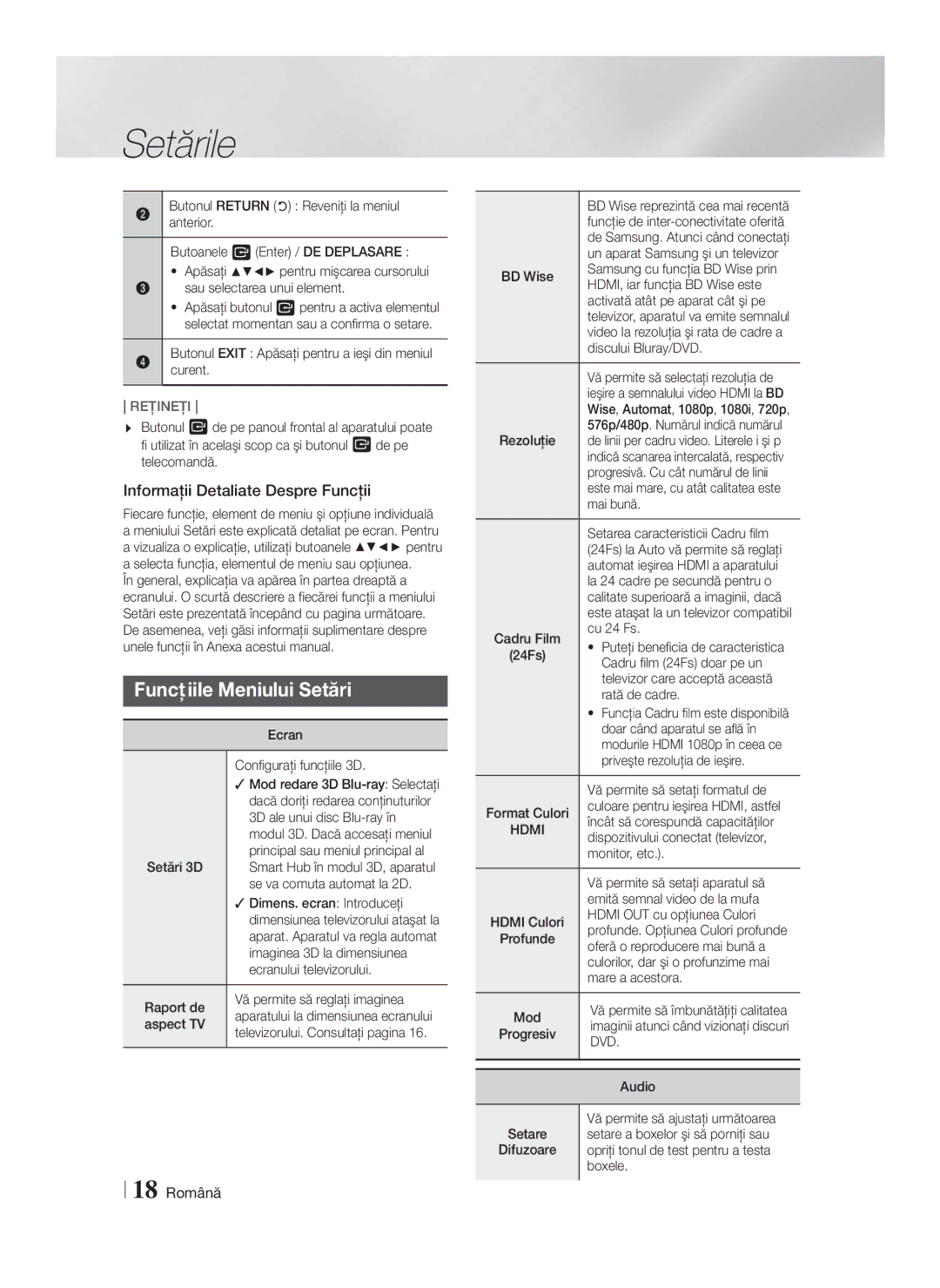 Samsung HT-F4200/EN manual Funcţiile Meniului Setări, Informaţii Detaliate Despre Funcţii, 18 Română, Hdmi, Dvd 