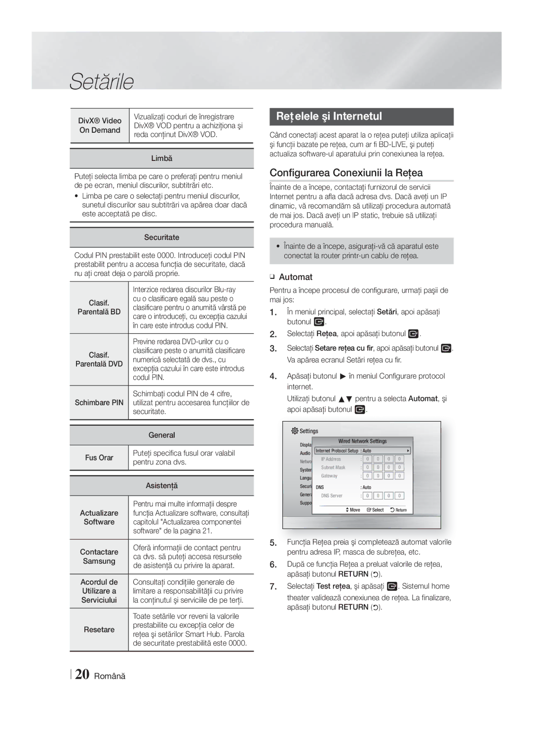 Samsung HT-F4200/EN manual Reţelele şi Internetul, Configurarea Conexiunii la Reţea, Automat, 20 Română 