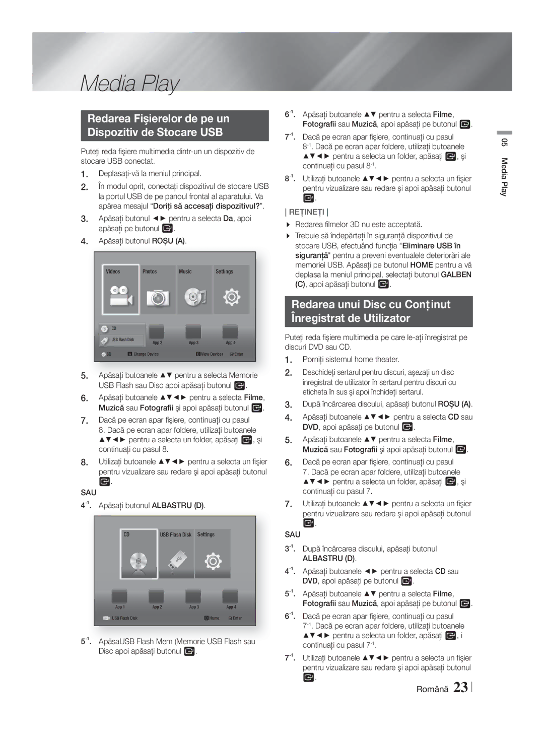 Samsung HT-F4200/EN manual Media Play, Redarea Fişierelor de pe un Dispozitiv de Stocare USB, Sau 