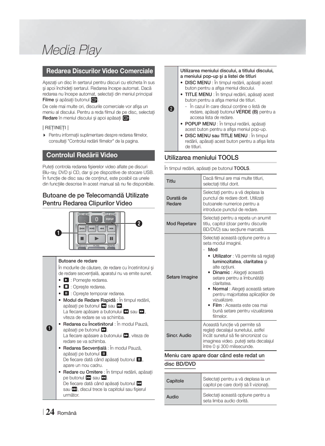 Samsung HT-F4200/EN manual Controlul Redării Video, Utilizarea meniului Tools, 24 Română 