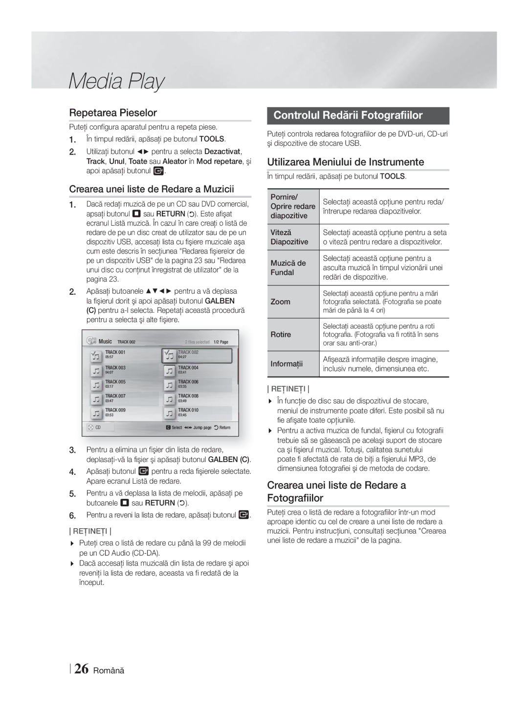 Samsung HT-F4200/EN Repetarea Pieselor, Controlul Redării Fotografiilor, Utilizarea Meniului de Instrumente, 26 Română 