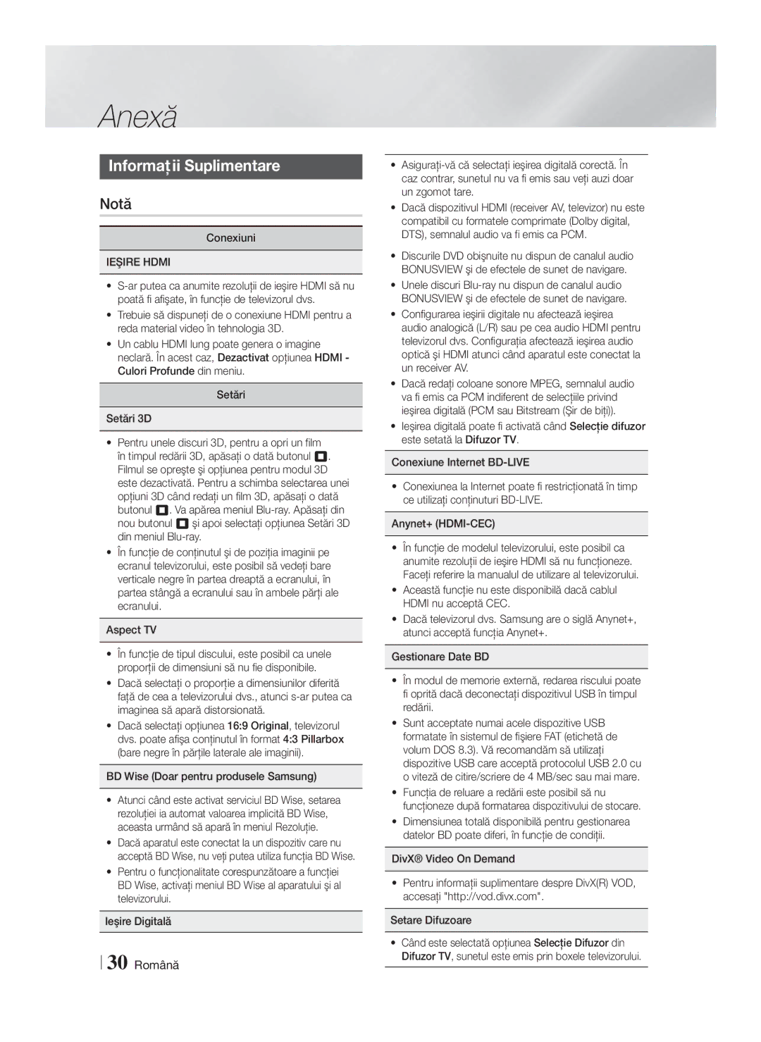 Samsung HT-F4200/EN manual Anexă, Informaţii Suplimentare, Notă, 30 Română, Ieşire Hdmi 