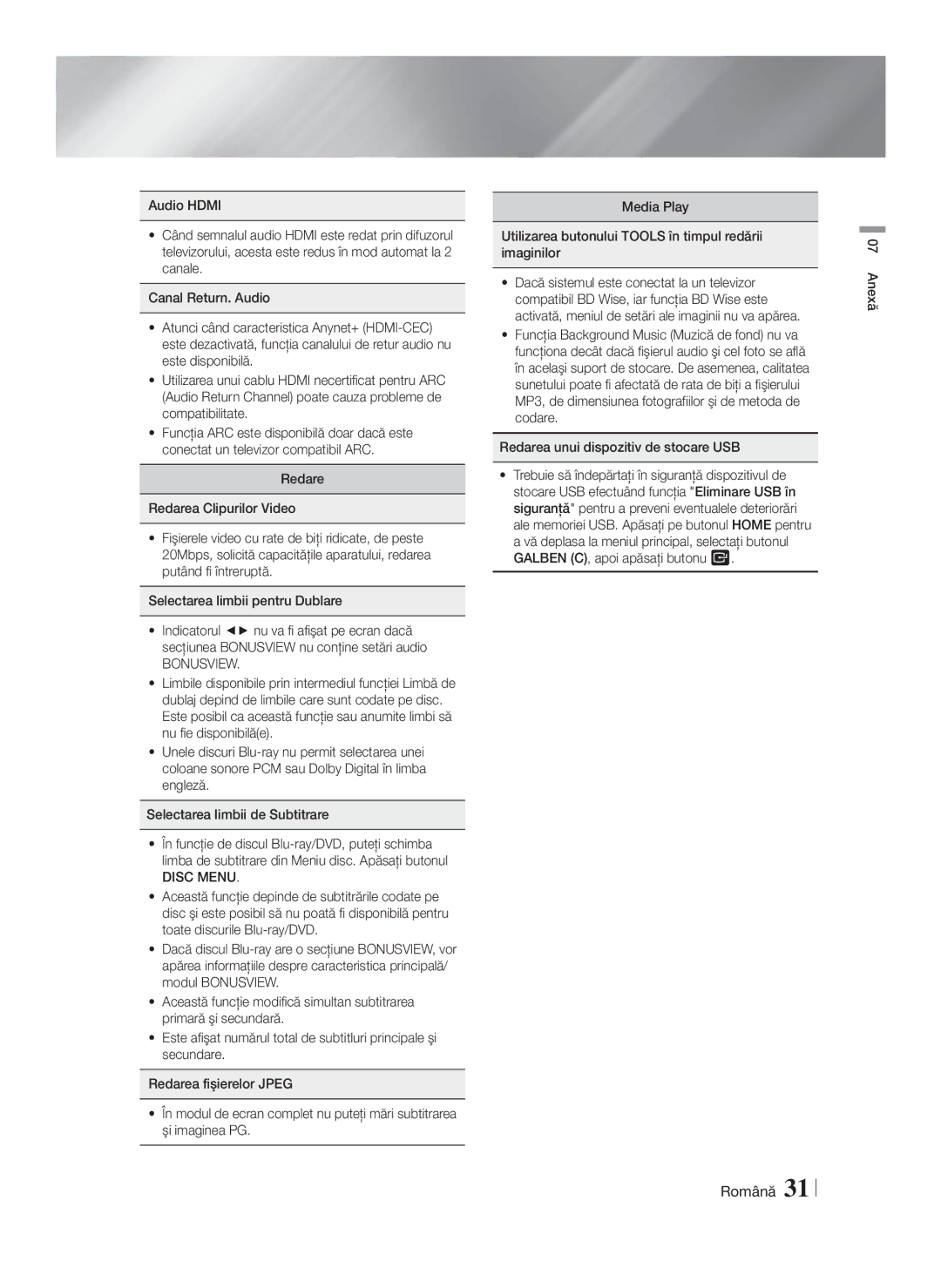 Samsung HT-F4200/EN manual Disc Menu, Anexă 