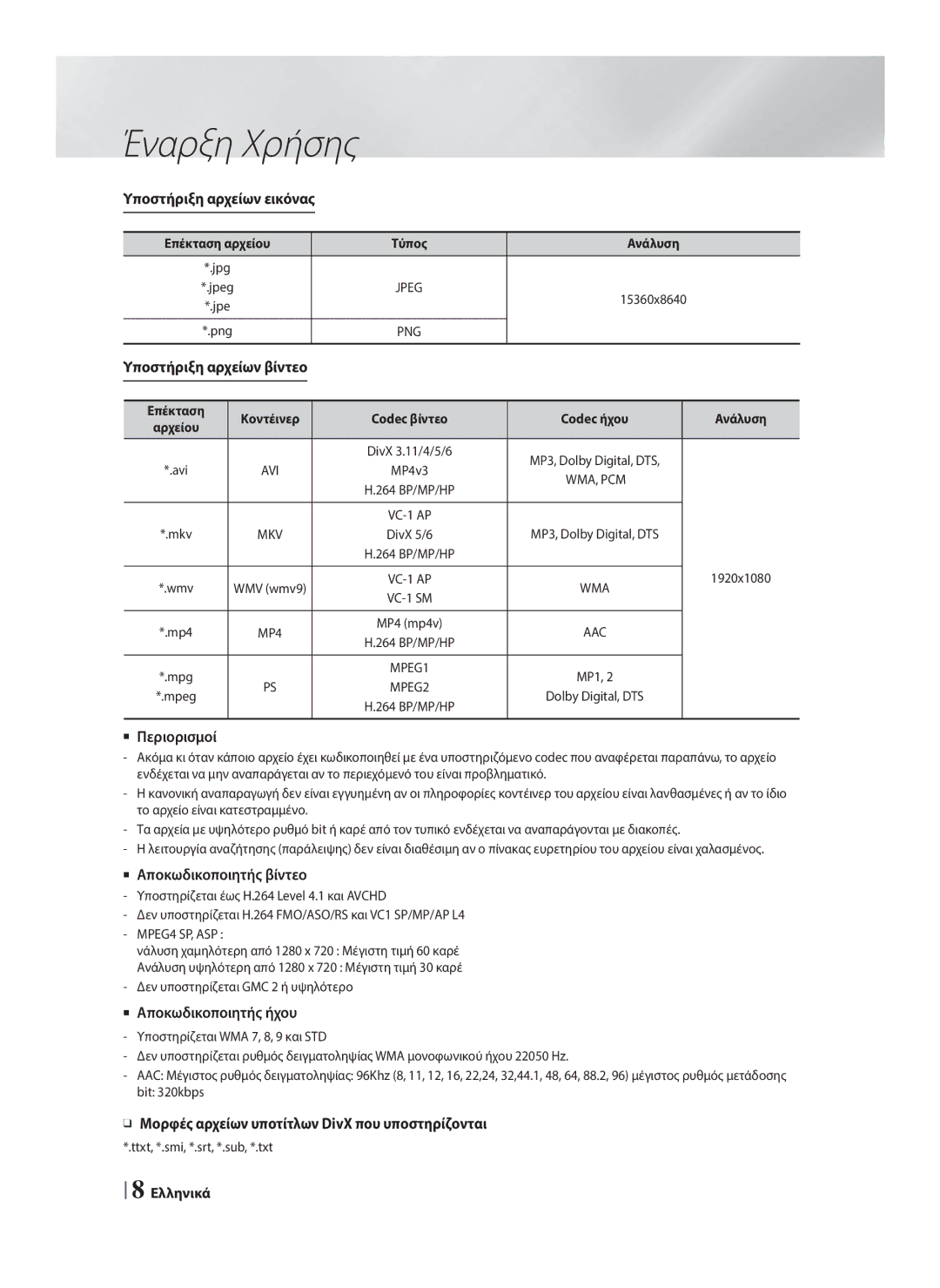 Samsung HT-F4200/EN manual Επέκταση αρχείου Τύπος Ανάλυση, Υποστήριξη αρχείων βίντεο, MPEG4 SP, ASP, Bit 320kbps 