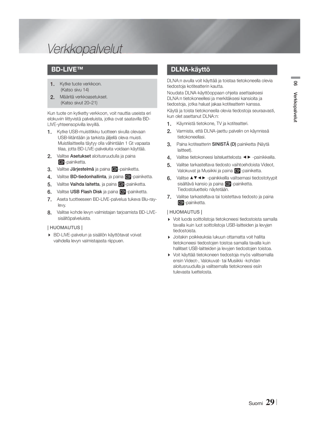 Samsung HT-F4200/XE manual Verkkopalvelut, DLNA-käyttö 