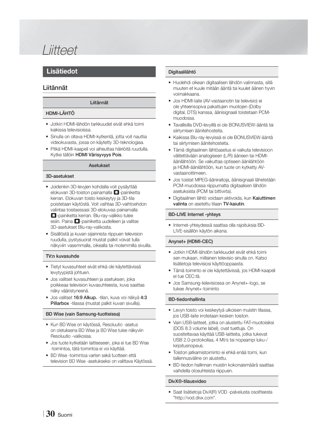 Samsung HT-F4200/XE manual Liitteet, Lisätiedot, Liitännät, Hdmi-Lähtö, Asetukset 3D-asetukset 