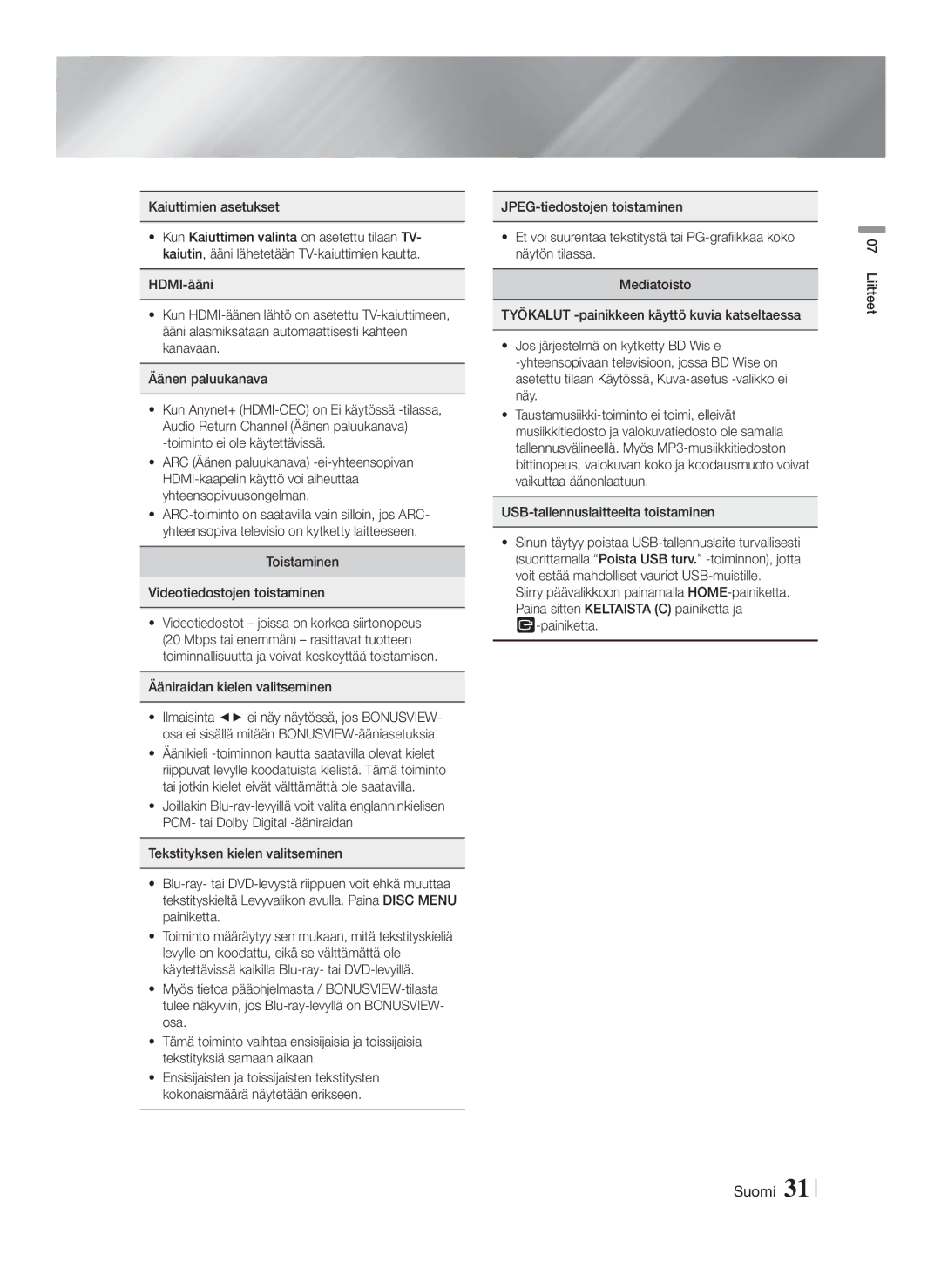 Samsung HT-F4200/XE manual Kaiuttimien asetukset, Toistaminen Videotiedostojen toistaminen, Ääniraidan kielen valitseminen 