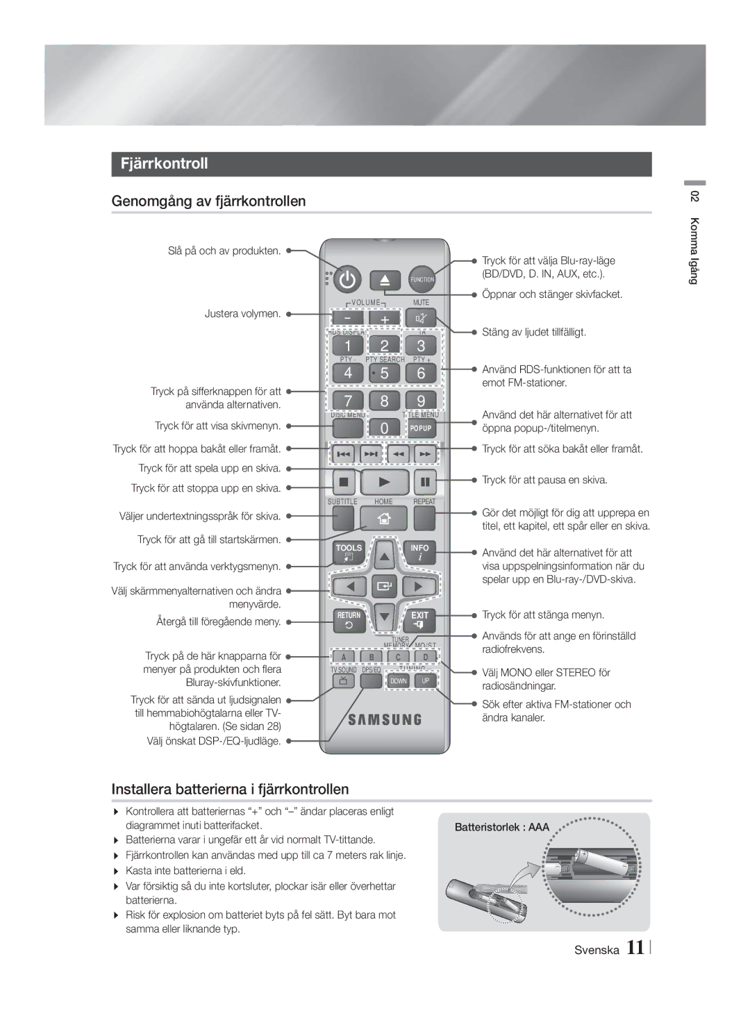 Samsung HT-F4200/XE manual Fjärrkontroll, Genomgång av fjärrkontrollen, Installera batterierna i fjärrkontrollen 