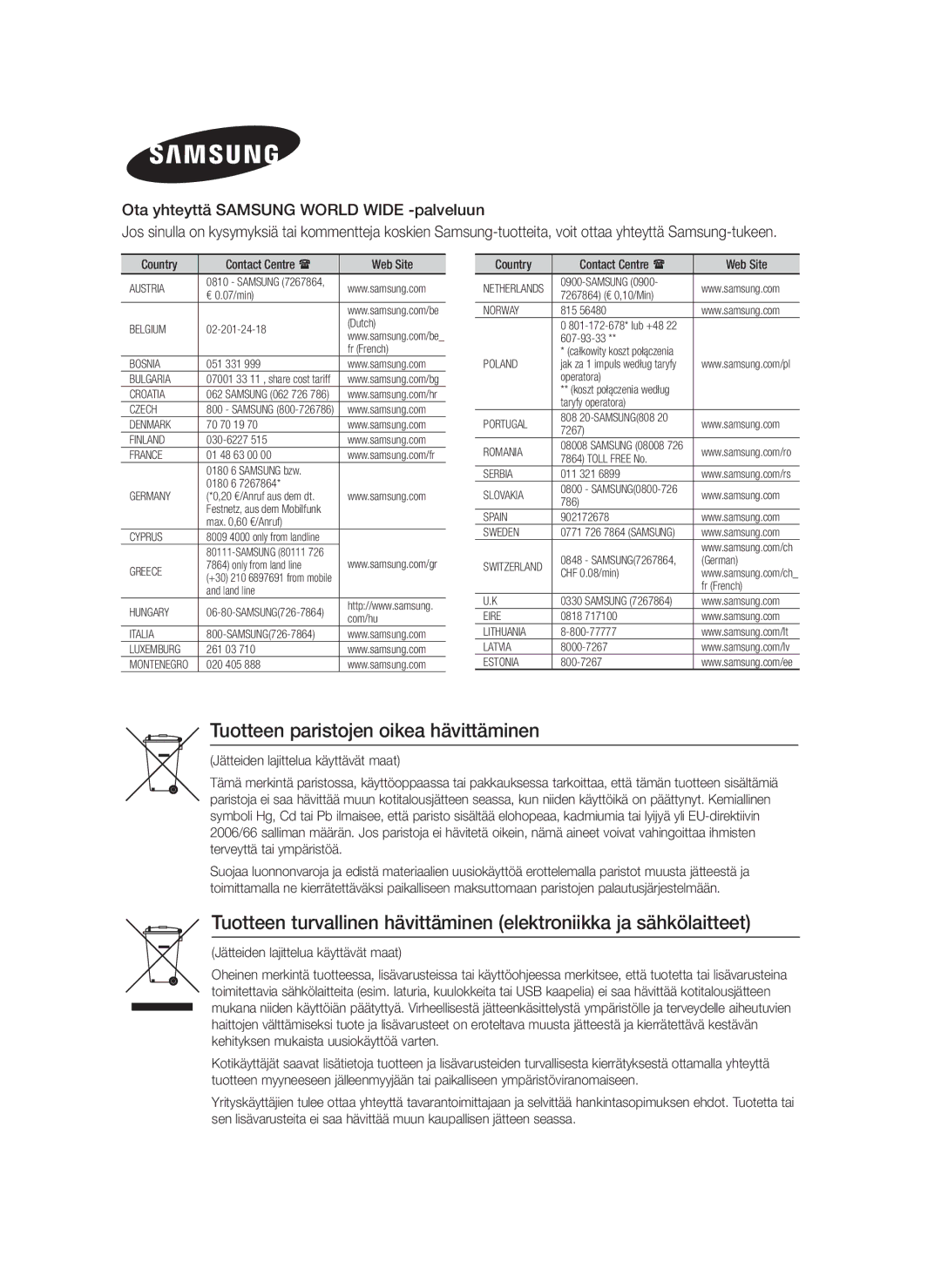 Samsung HT-F4200/XE manual Tuotteen paristojen oikea hävittäminen, Jätteiden lajittelua käyttävät maat 