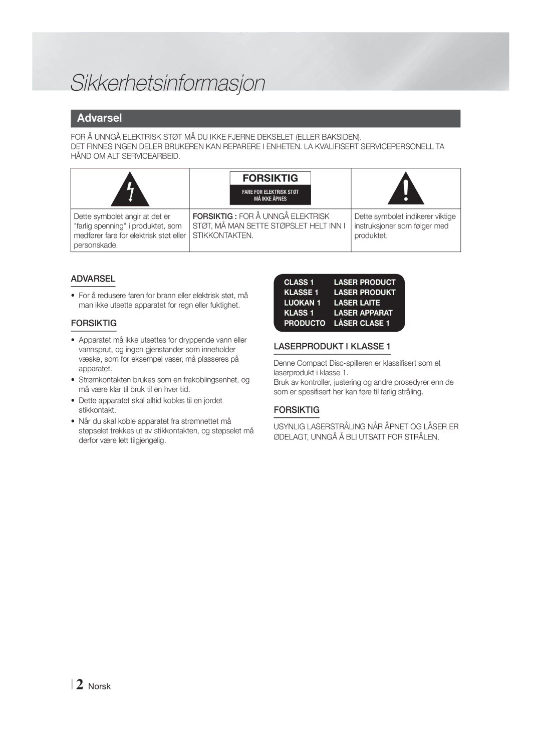 Samsung HT-F4200/XE manual Sikkerhetsinformasjon, Forsiktig for Å Unngå Elektrisk, Stikkontakten 