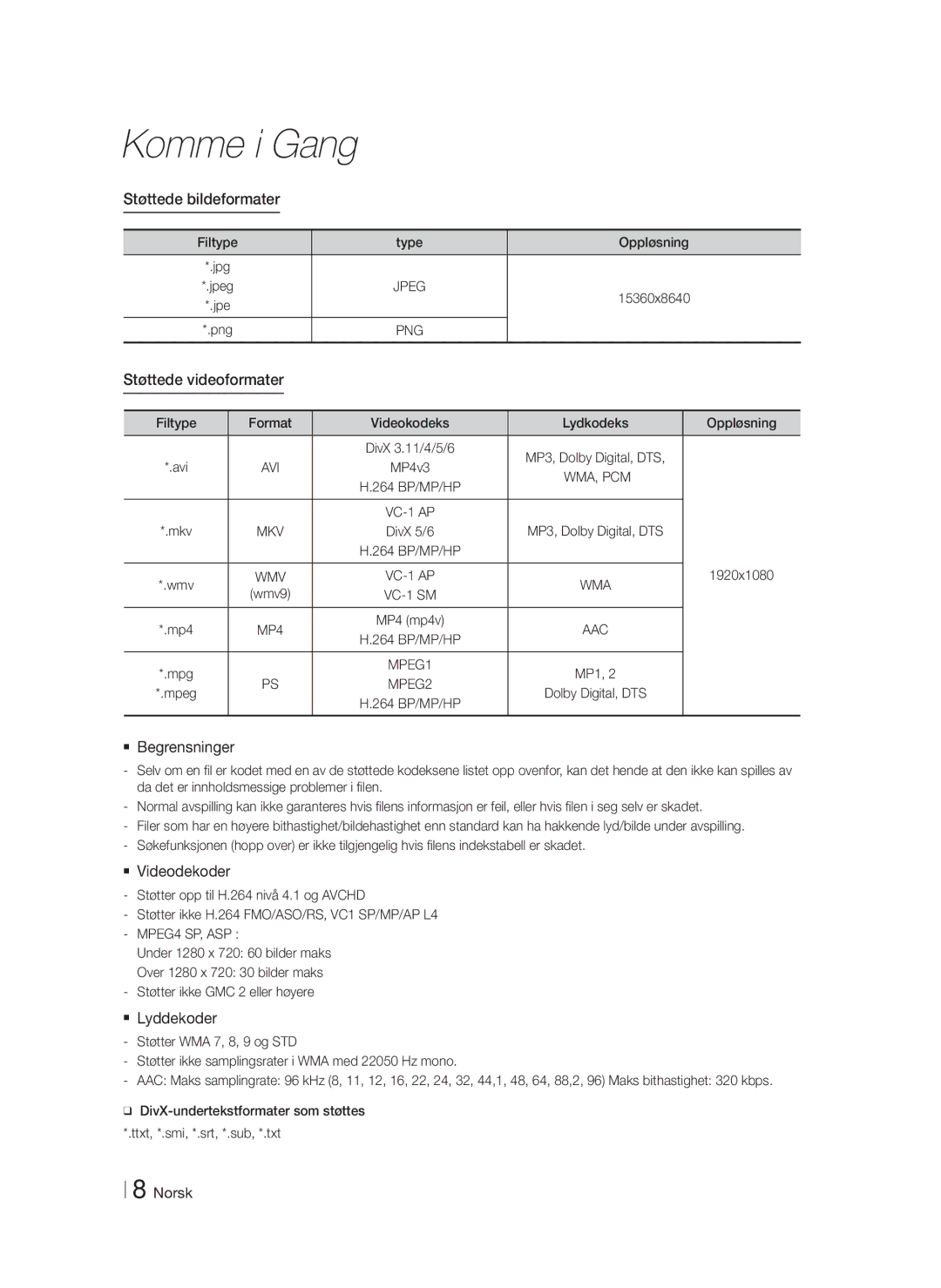 Samsung HT-F4200/XE manual Støttede bildeformater, Støttede videoformater,  Begrensninger, Filtype Type Oppløsning 