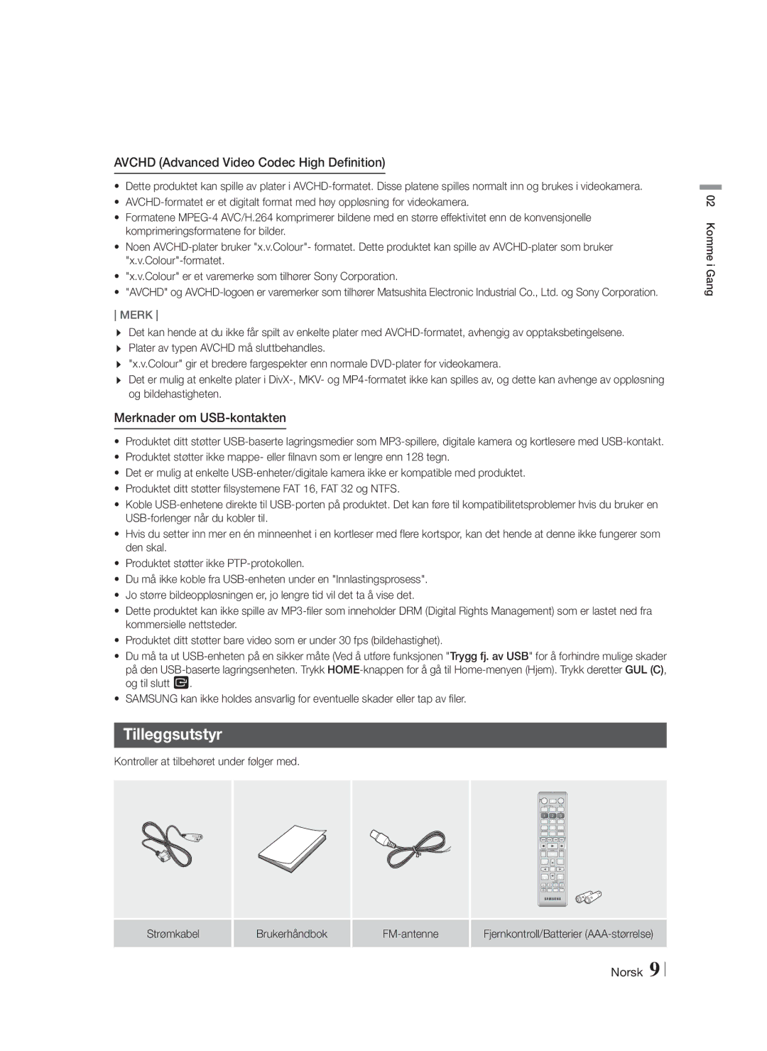 Samsung HT-F4200/XE manual Tilleggsutstyr, Merknader om USB-kontakten, Kontroller at tilbehøret under følger med 