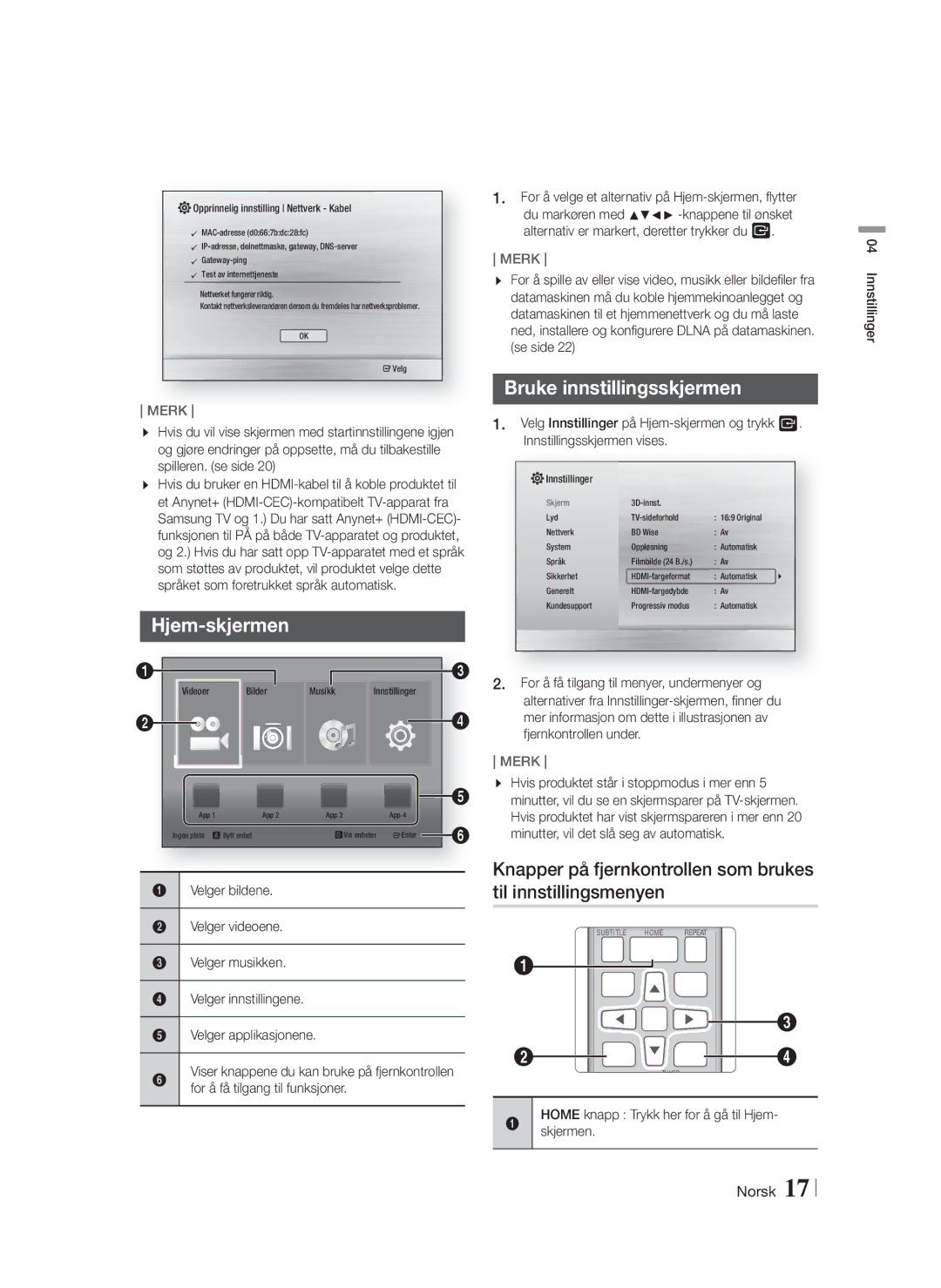 Samsung HT-F4200/XE manual Hjem-skjermen, Bruke innstillingsskjermen 