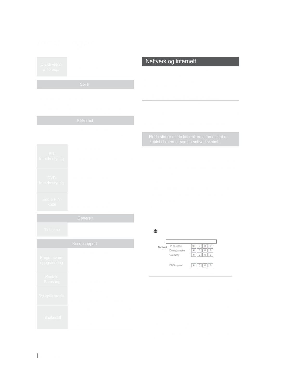 Samsung HT-F4200/XE manual Nettverk og internett, Konfigurere nettverksforbindelsen 