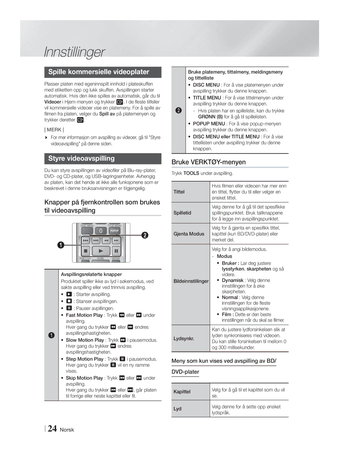 Samsung HT-F4200/XE manual Spille kommersielle videoplater, Styre videoavspilling, Bruke VERKTØY-menyen 