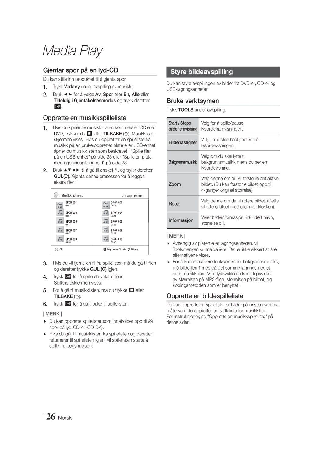 Samsung HT-F4200/XE Gjentar spor på en lyd-CD, Opprette en musikkspilleliste, Styre bildeavspilling, Bruke verktøymen 