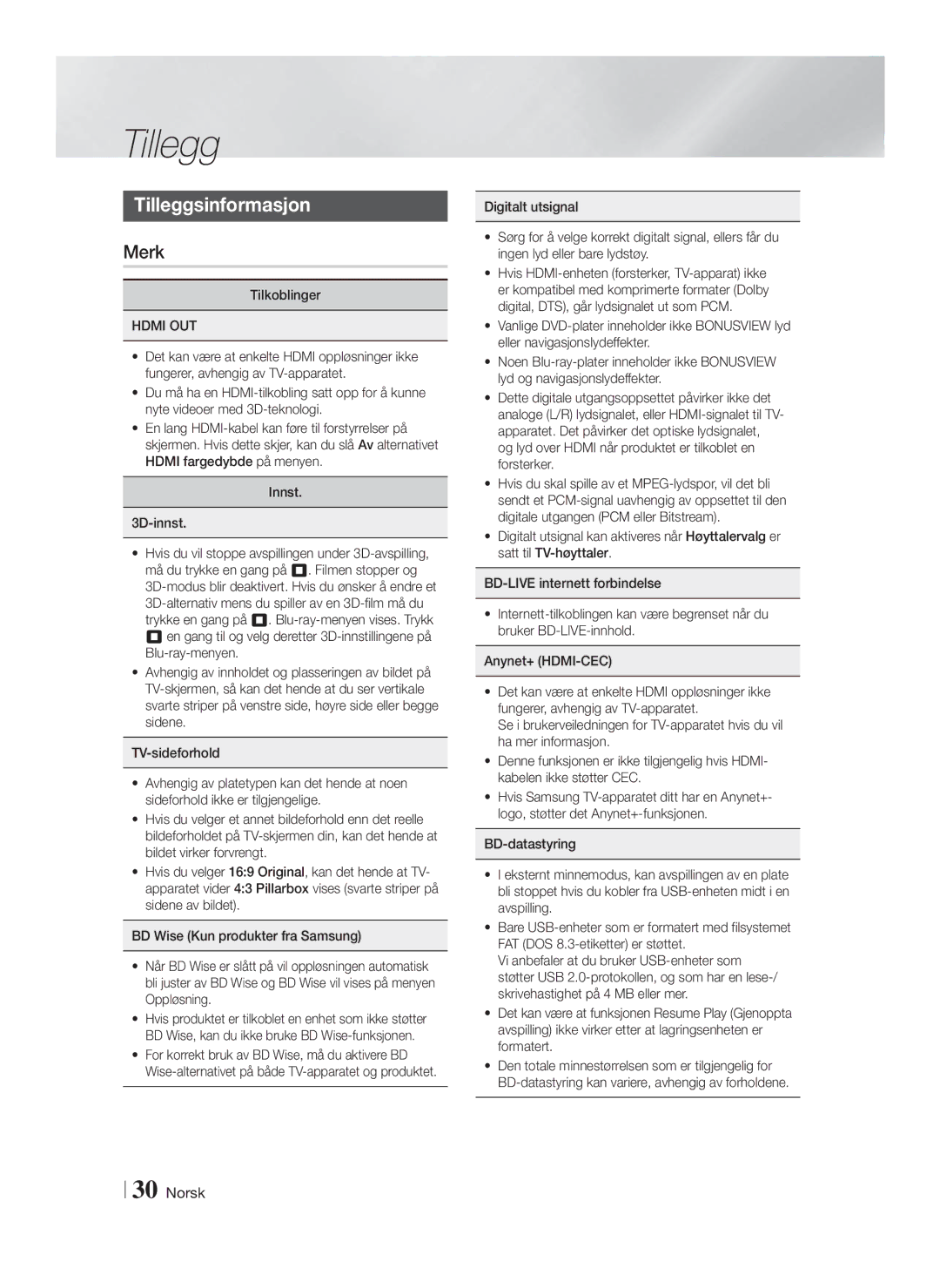 Samsung HT-F4200/XE manual Tilleggsinformasjon, Merk, Hdmi OUT 