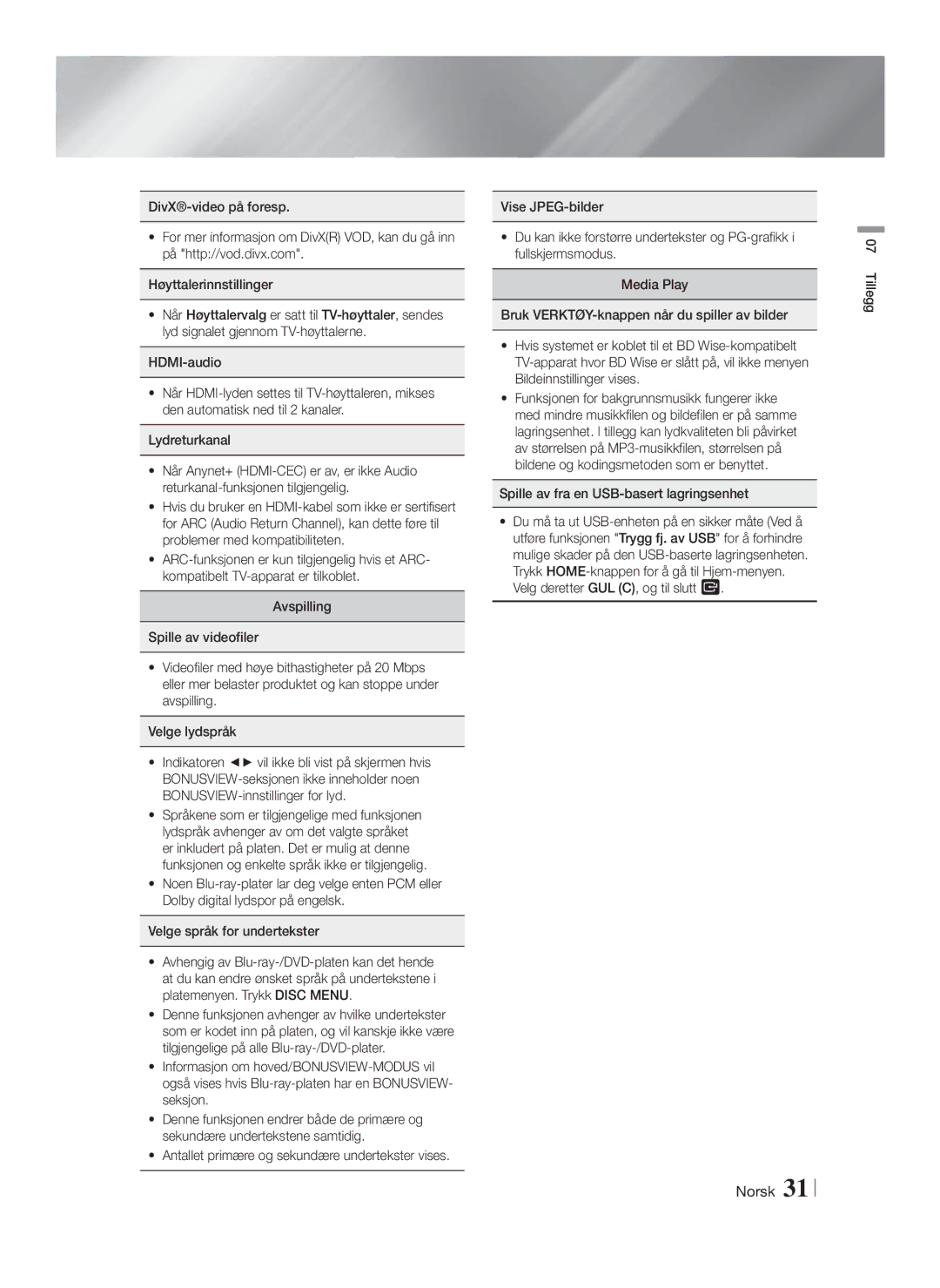 Samsung HT-F4200/XE manual Spille av fra en USB-basert lagringsenhet, Tillegg 