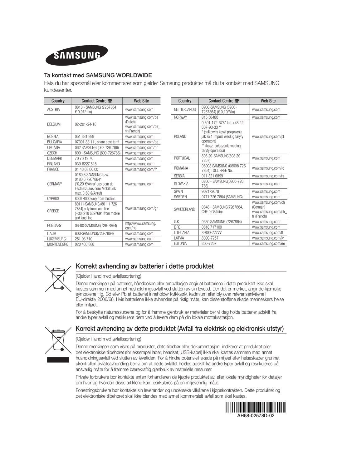 Samsung HT-F4200/XE Korrekt avhending av batterier i dette produktet, Gjelder i land med avfallssortering, AH68-02578D-02 