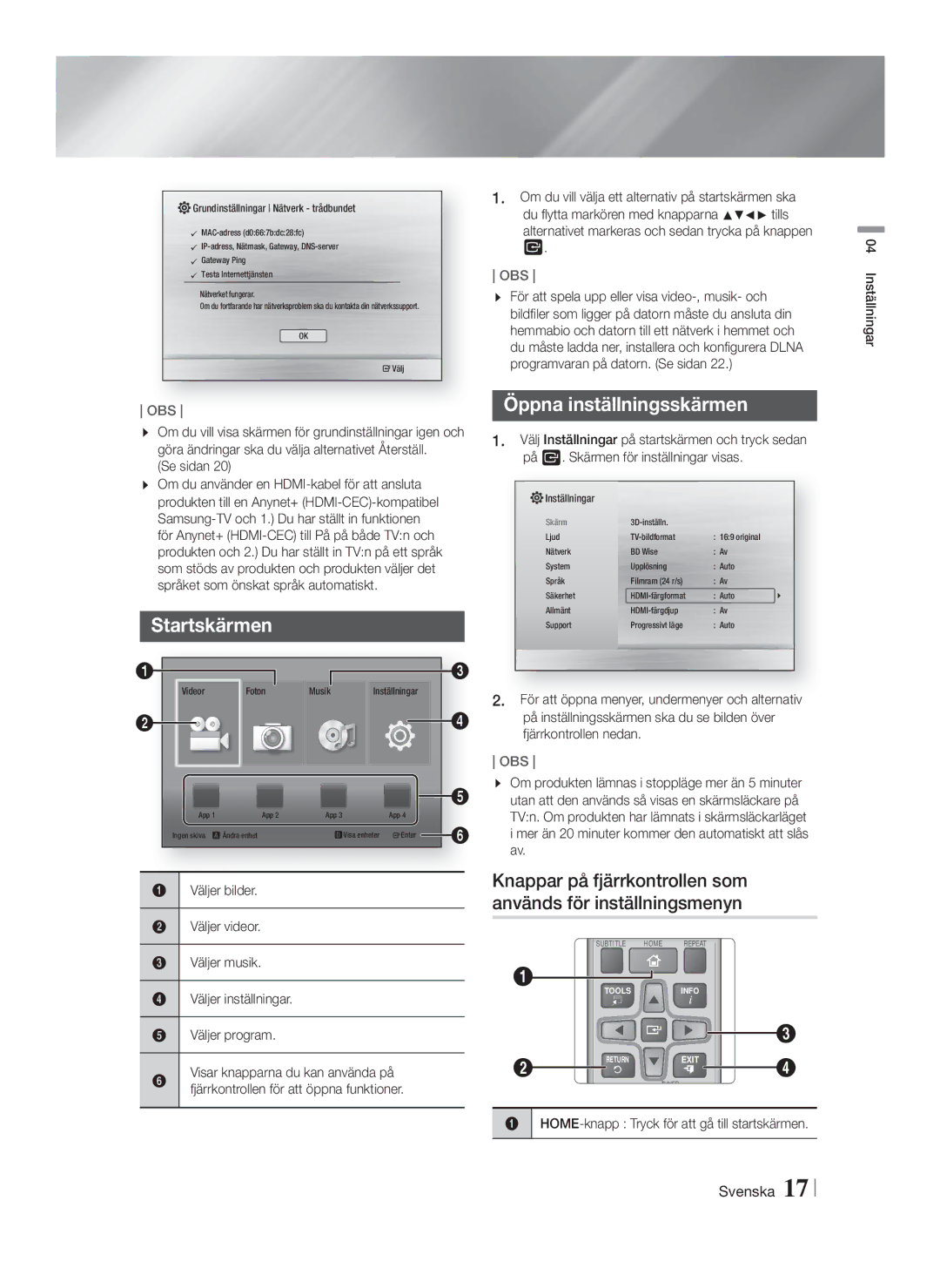 Samsung HT-F4200/XE manual Öppna inställningsskärmen, Startskärmen 