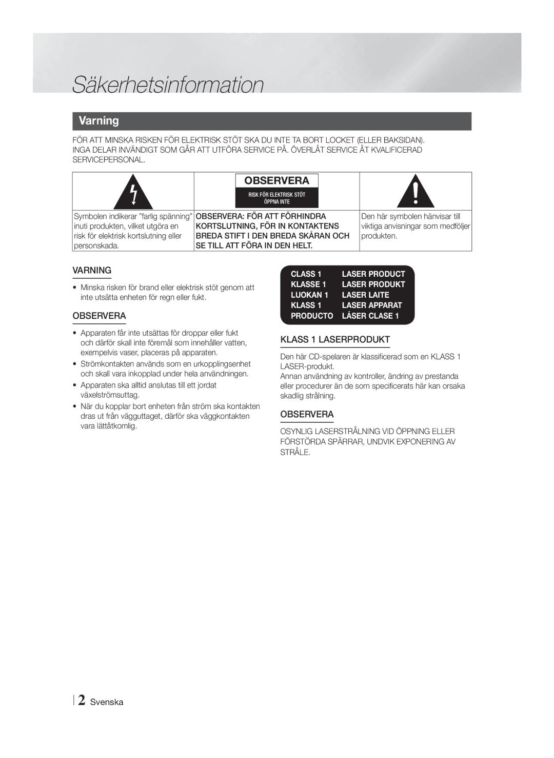 Samsung HT-F4200/XE manual Säkerhetsinformation, Varning, Observera FÖR ATT Förhindra, KORTSLUTNING, FÖR in Kontaktens 