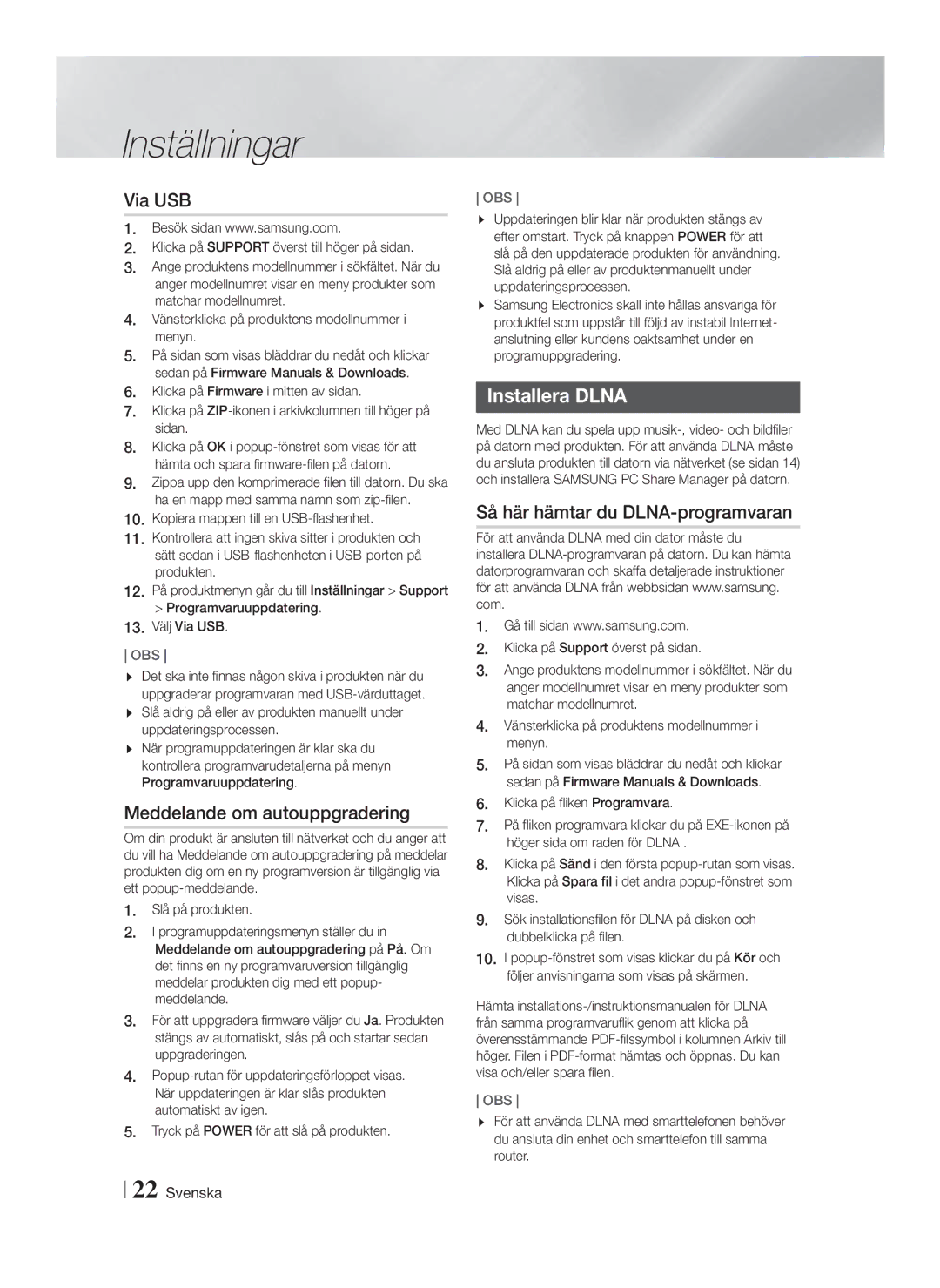 Samsung HT-F4200/XE manual Via USB, Meddelande om autouppgradering, Installera Dlna, Så här hämtar du DLNA-programvaran 