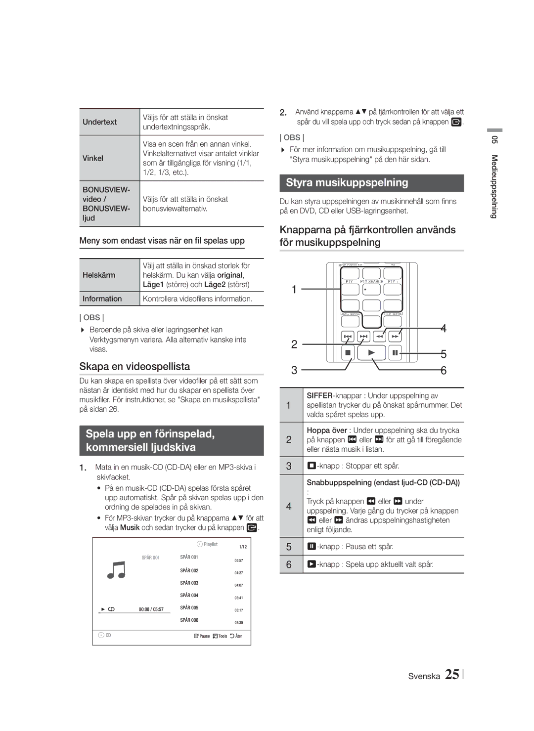 Samsung HT-F4200/XE manual Skapa en videospellista, Spela upp en förinspelad Kommersiell ljudskiva, Styra musikuppspelning 