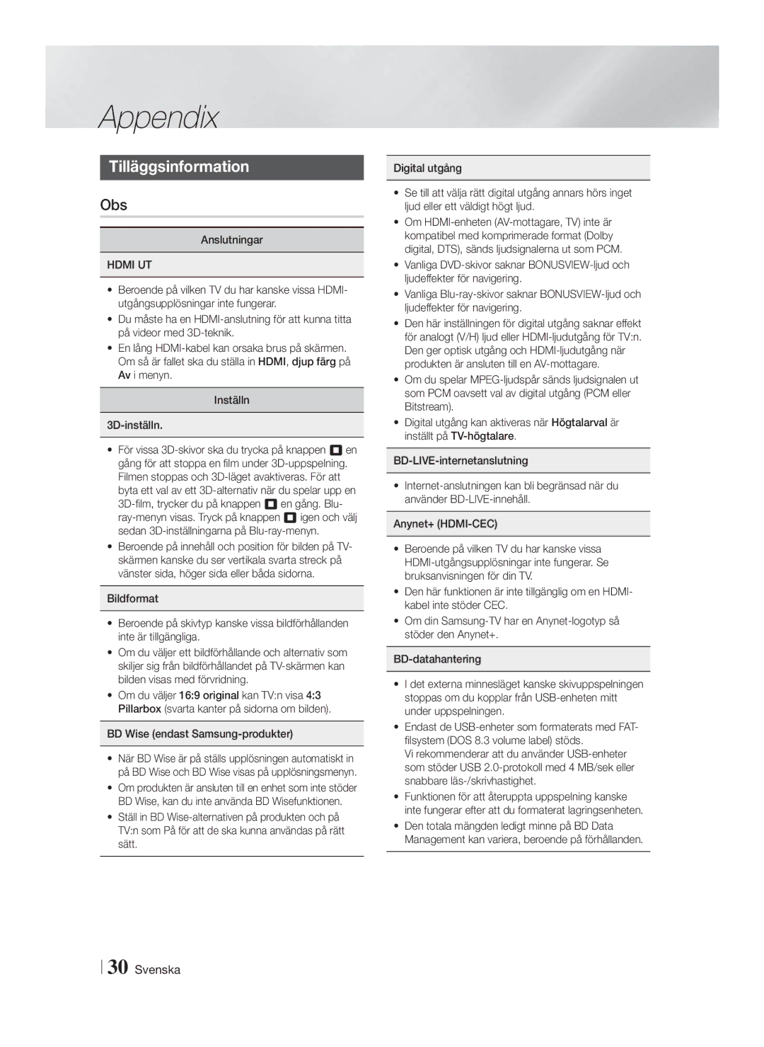 Samsung HT-F4200/XE manual Appendix, Tilläggsinformation, Obs, Hdmi UT, BD Wise endast Samsung-produkter 