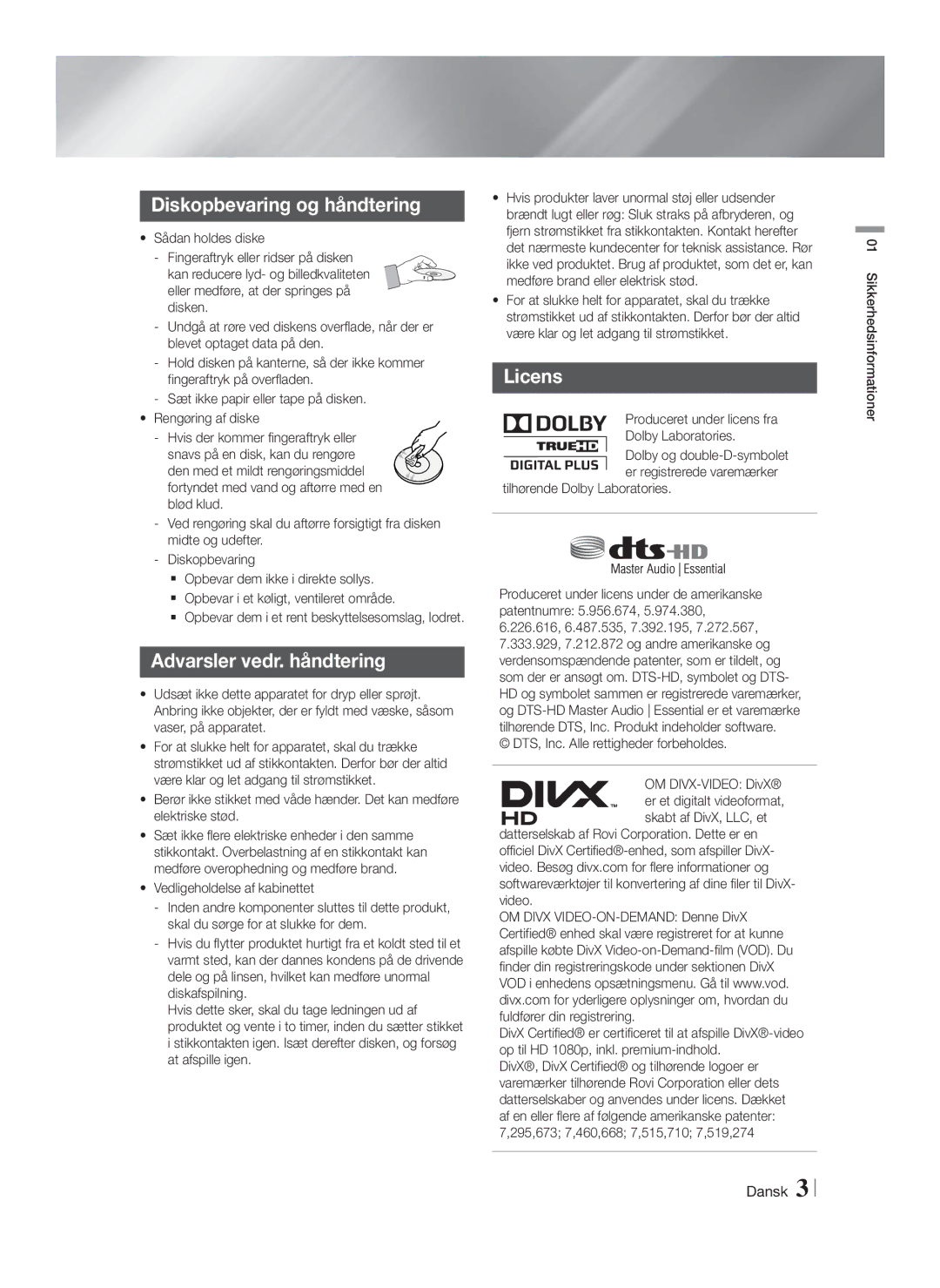 Samsung HT-F4200/XE manual Diskopbevaring og håndtering, Advarsler vedr. håndtering 