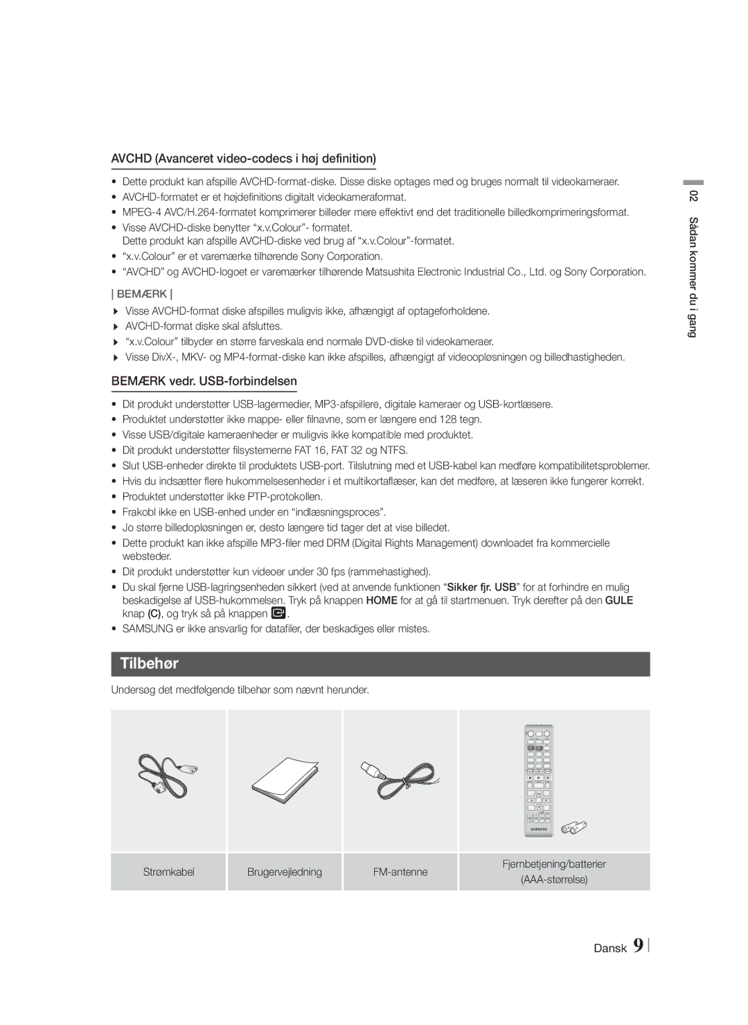 Samsung HT-F4200/XE manual Tilbehør, Avchd Avanceret video-codecs i høj definition, Bemærk vedr. USB-forbindelsen 