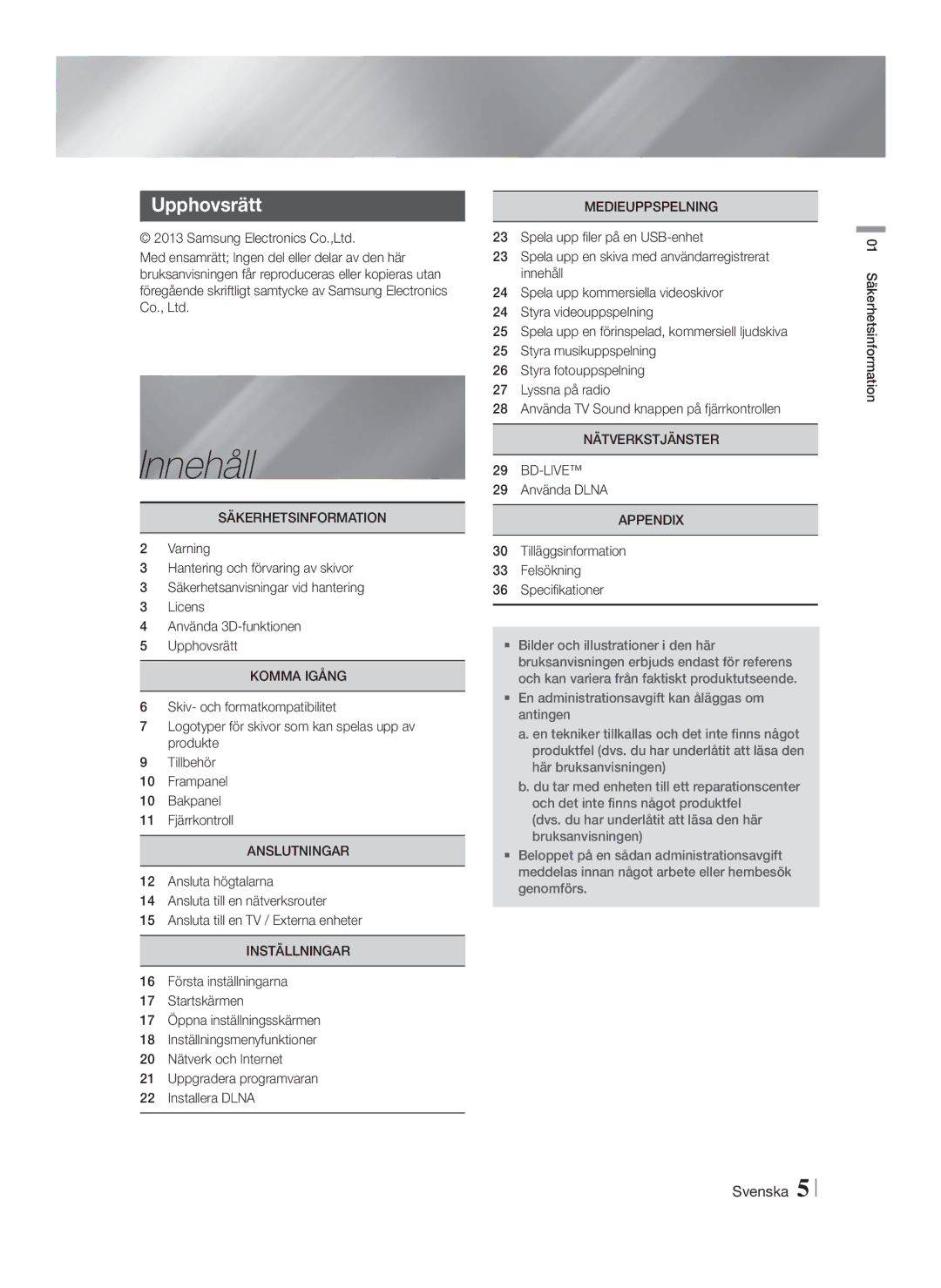 Samsung HT-F4200/XE manual Innehåll, Upphovsrätt 