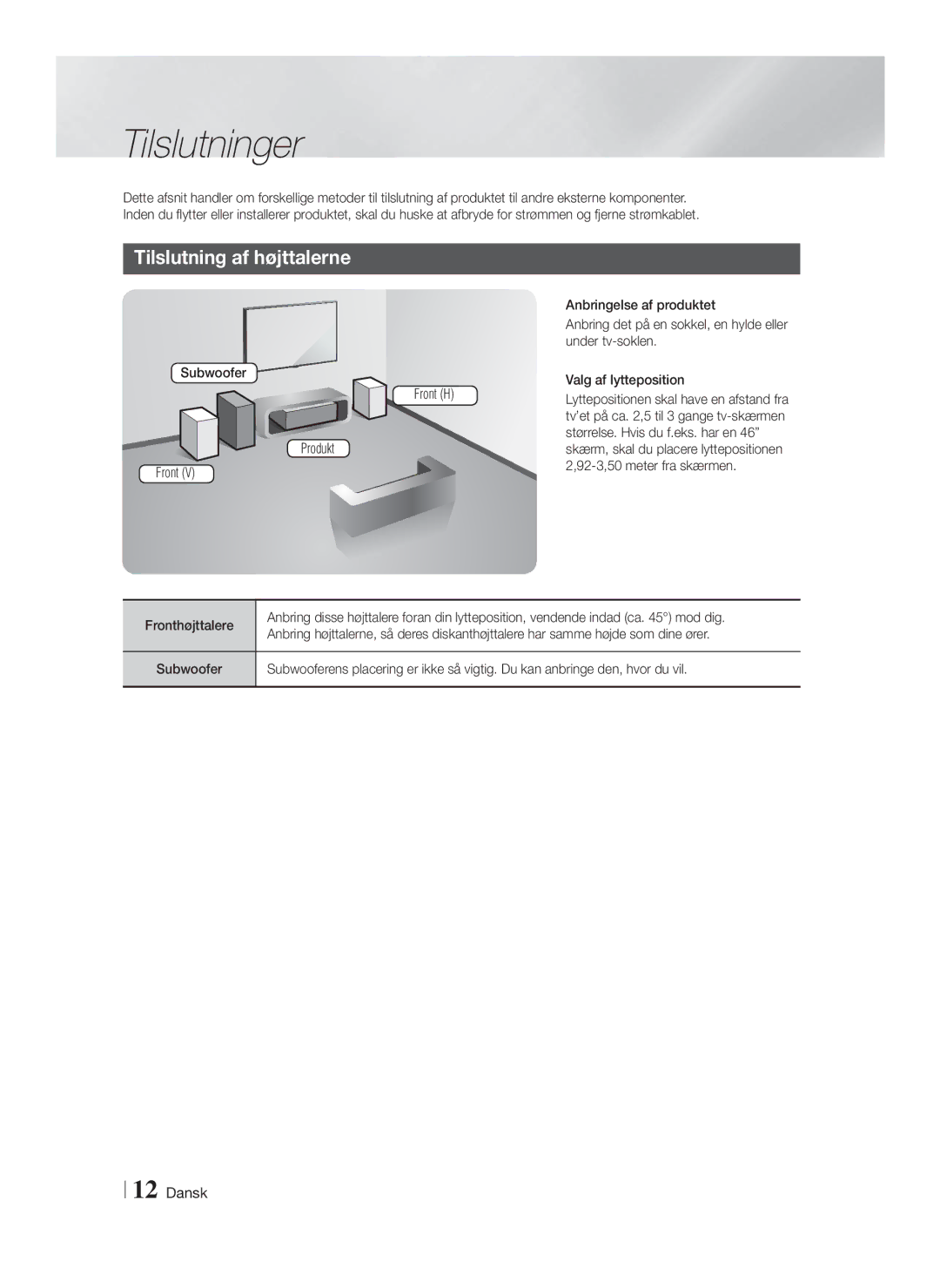 Samsung HT-F4200/XE manual Tilslutninger, Tilslutning af højttalerne 