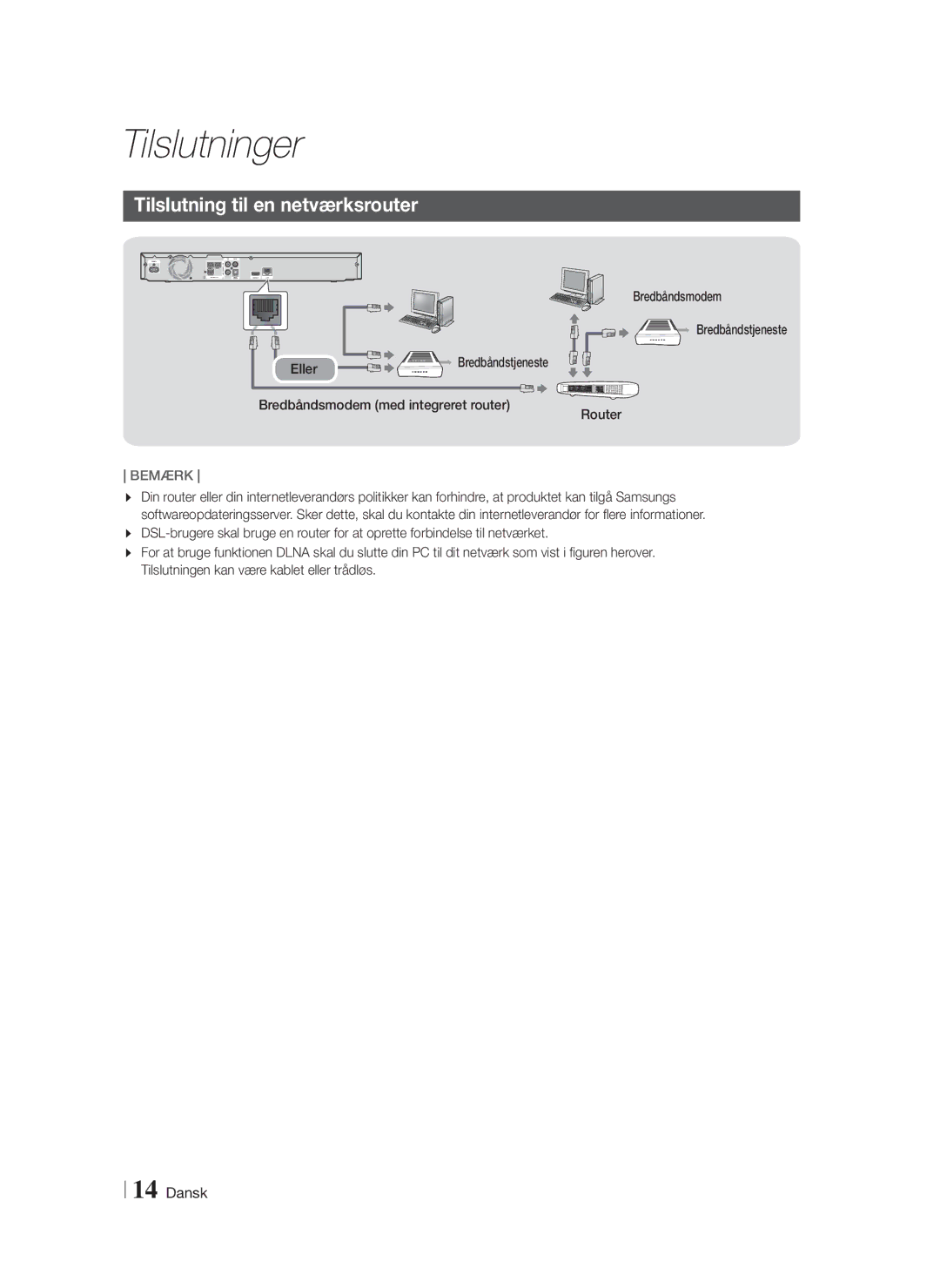 Samsung HT-F4200/XE manual Tilslutning til en netværksrouter, Bredbåndsmodem Bredbåndstjeneste Eller, Router 