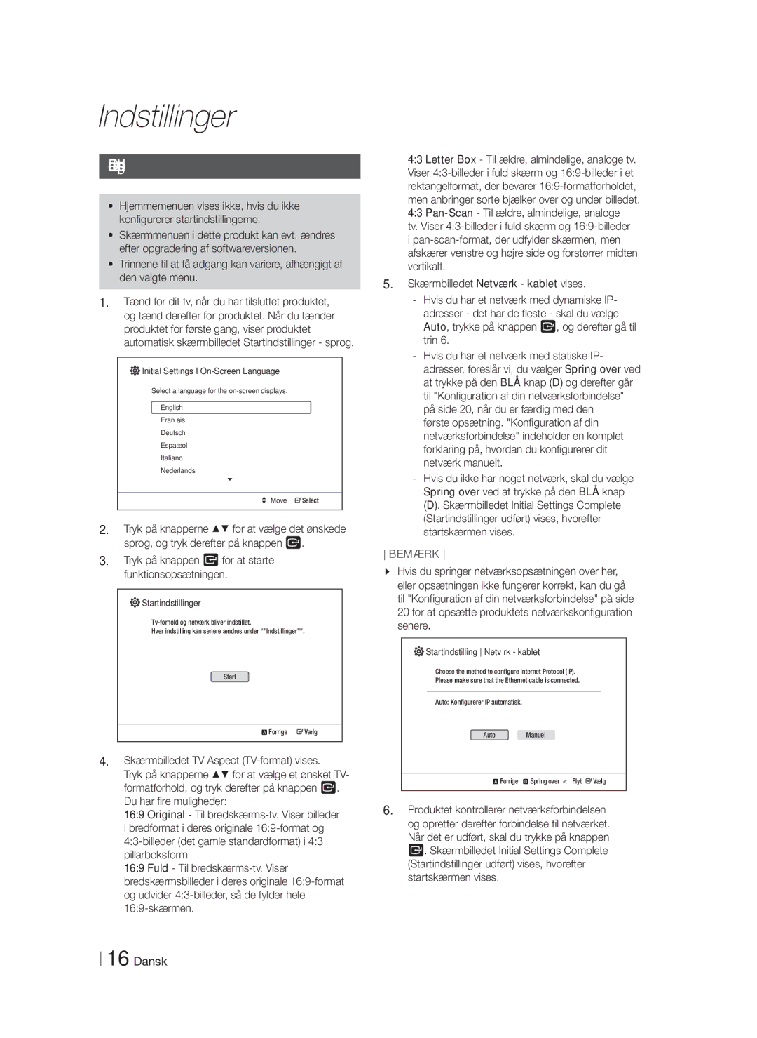 Samsung HT-F4200/XE Indstillinger, Den første indstillingsprocedure, Tryk på knappen E for at starte funktionsopsætningen 