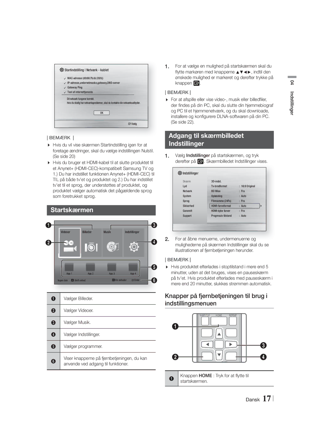 Samsung HT-F4200/XE manual Startskærmen, Adgang til skærmbilledet Indstillinger 