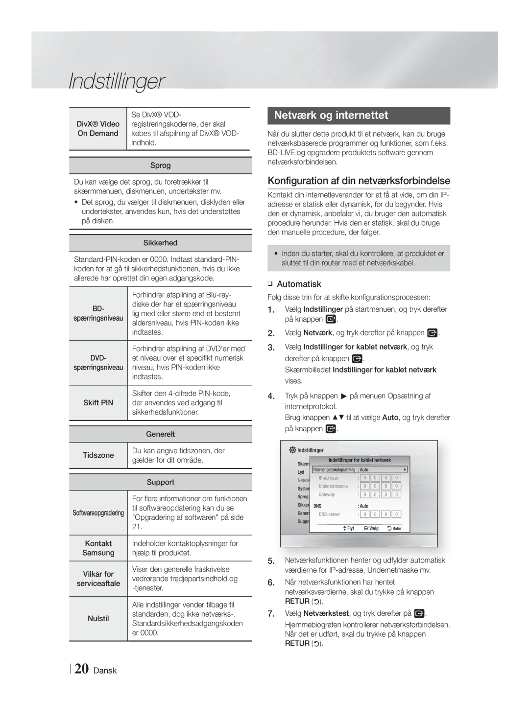 Samsung HT-F4200/XE manual Netværk og internettet, Konfiguration af din netværksforbindelse, Automatisk 