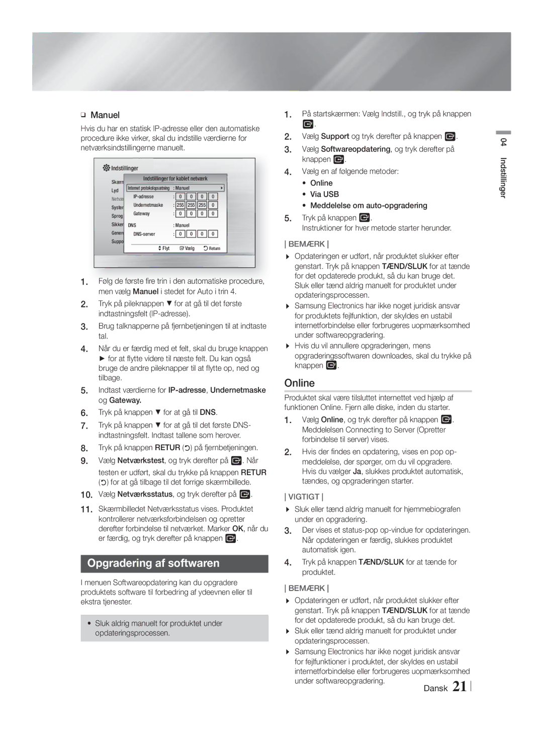 Samsung HT-F4200/XE manual Opgradering af softwaren, Online, Manuel, Vigtigt 