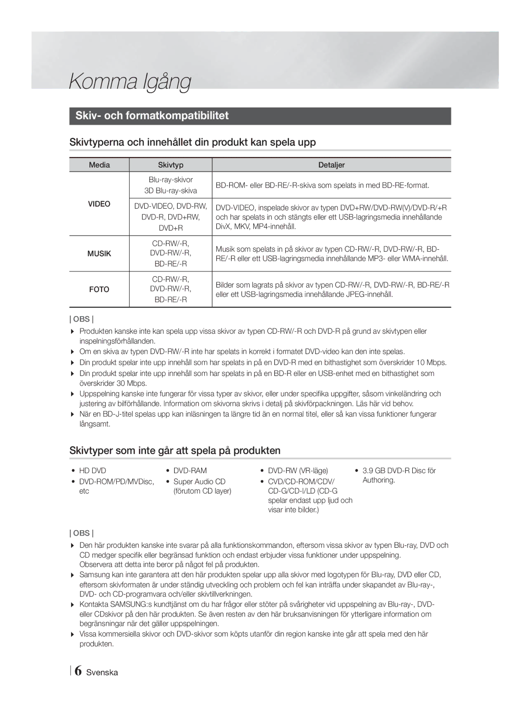 Samsung HT-F4200/XE Komma Igång, Skiv- och formatkompatibilitet, Skivtyperna och innehållet din produkt kan spela upp, Obs 