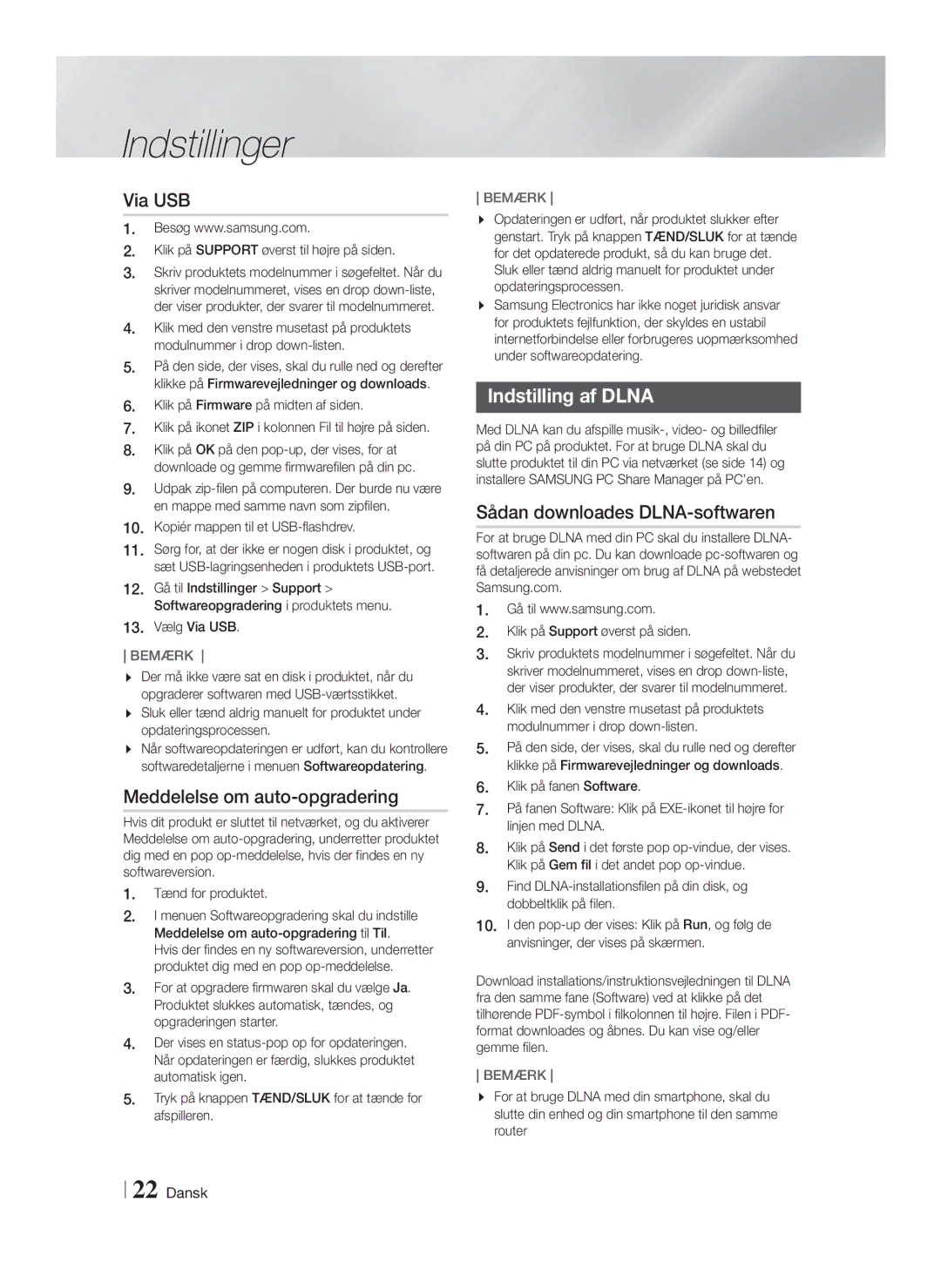 Samsung HT-F4200/XE manual Meddelelse om auto-opgradering, Indstilling af Dlna, Sådan downloades DLNA-softwaren 